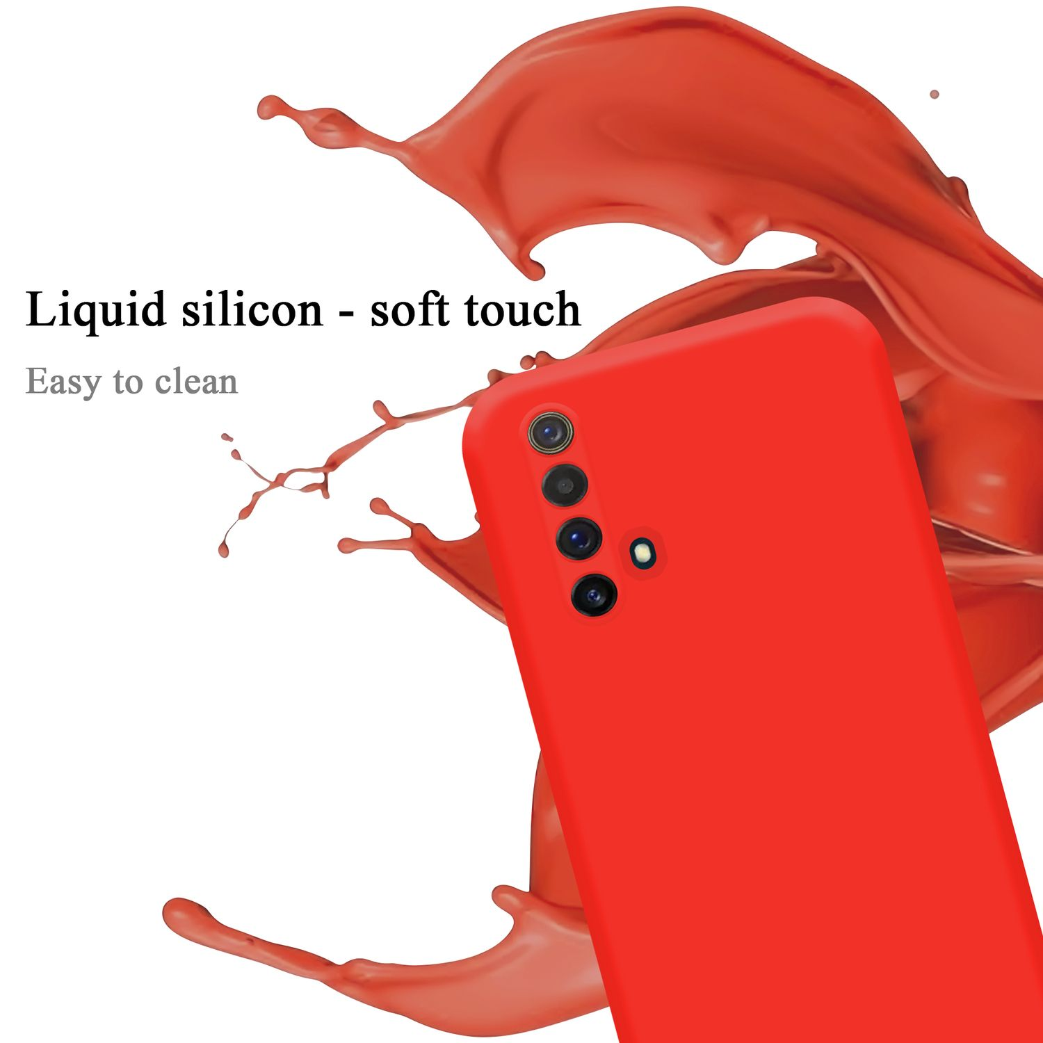 Eine rote Handyhülle mit Rückkamera wird gezeigt. Rote Flüssigkeit spritzt im Hintergrund mit den Worten 'Liquid silicon'.