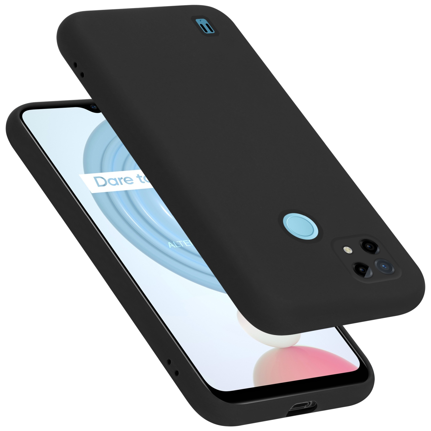Schwarze Handyhülle mit Handy innen. Die Hülle ist offen. Das Handy hat einen weiß-gelben Bildschirm.