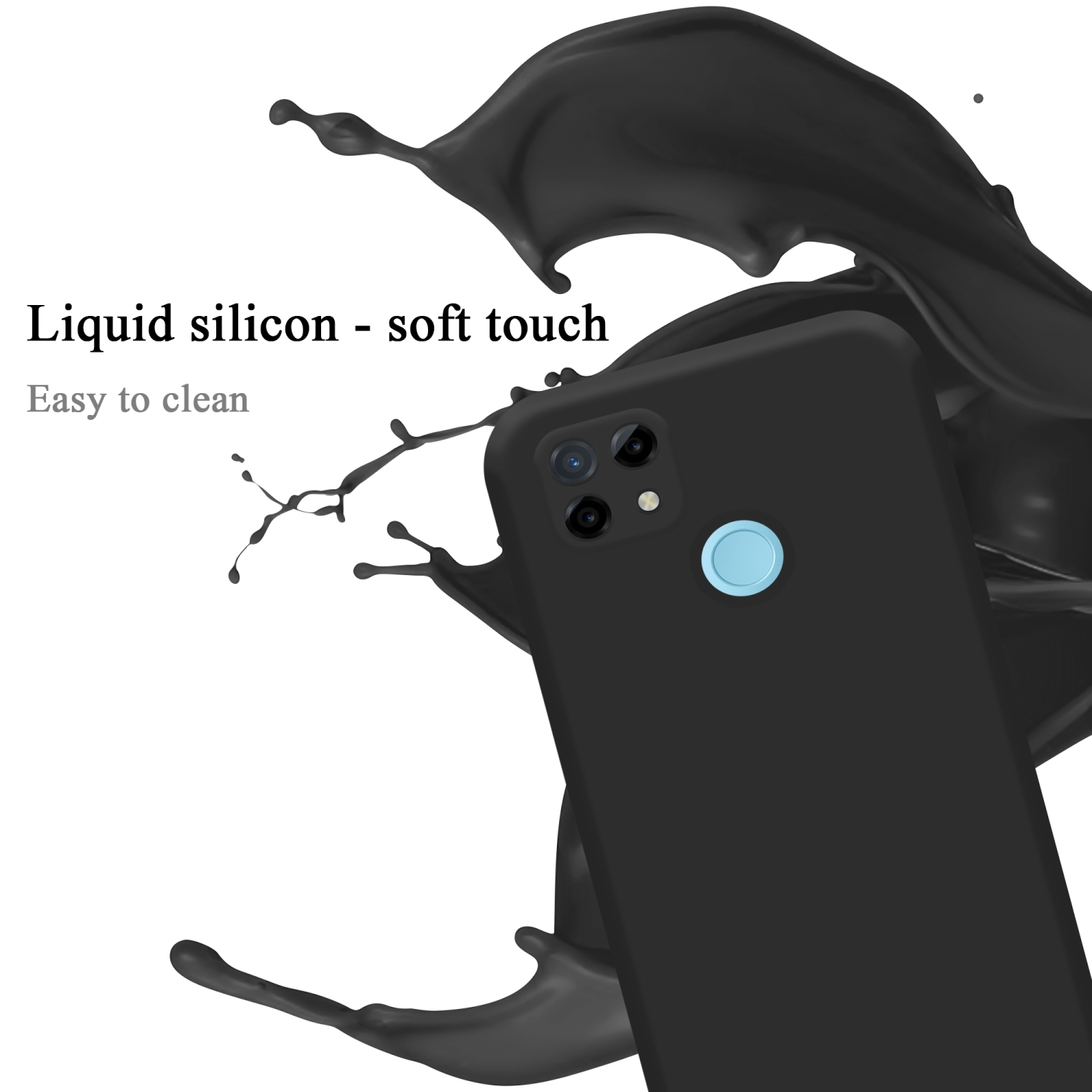 Schwarze Handyhülle mit Spritzer. Text: Flüssiges Silikon, Soft Touch, leicht zu reinigen.