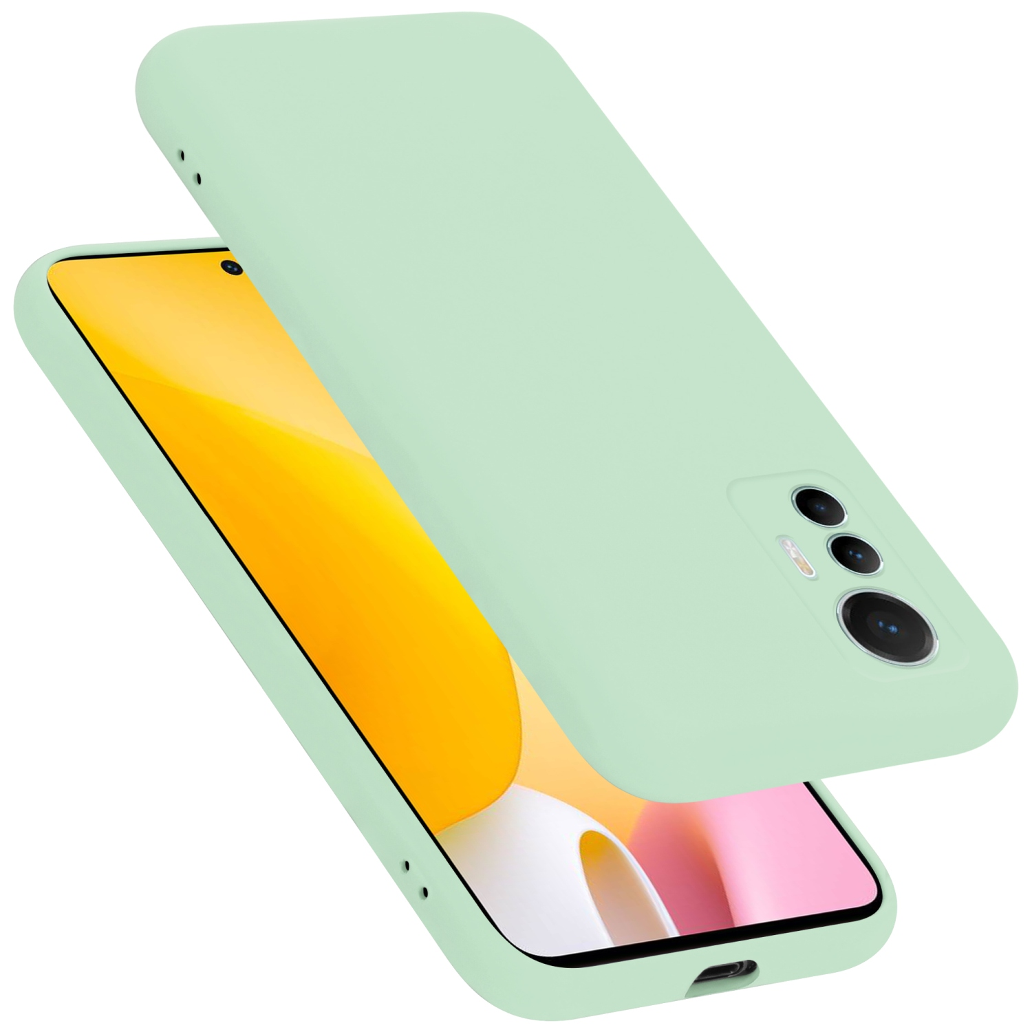 Minzgrünes Telefon und Hülle, angewinkelt. Der Bildschirm des Telefons ist sichtbar.