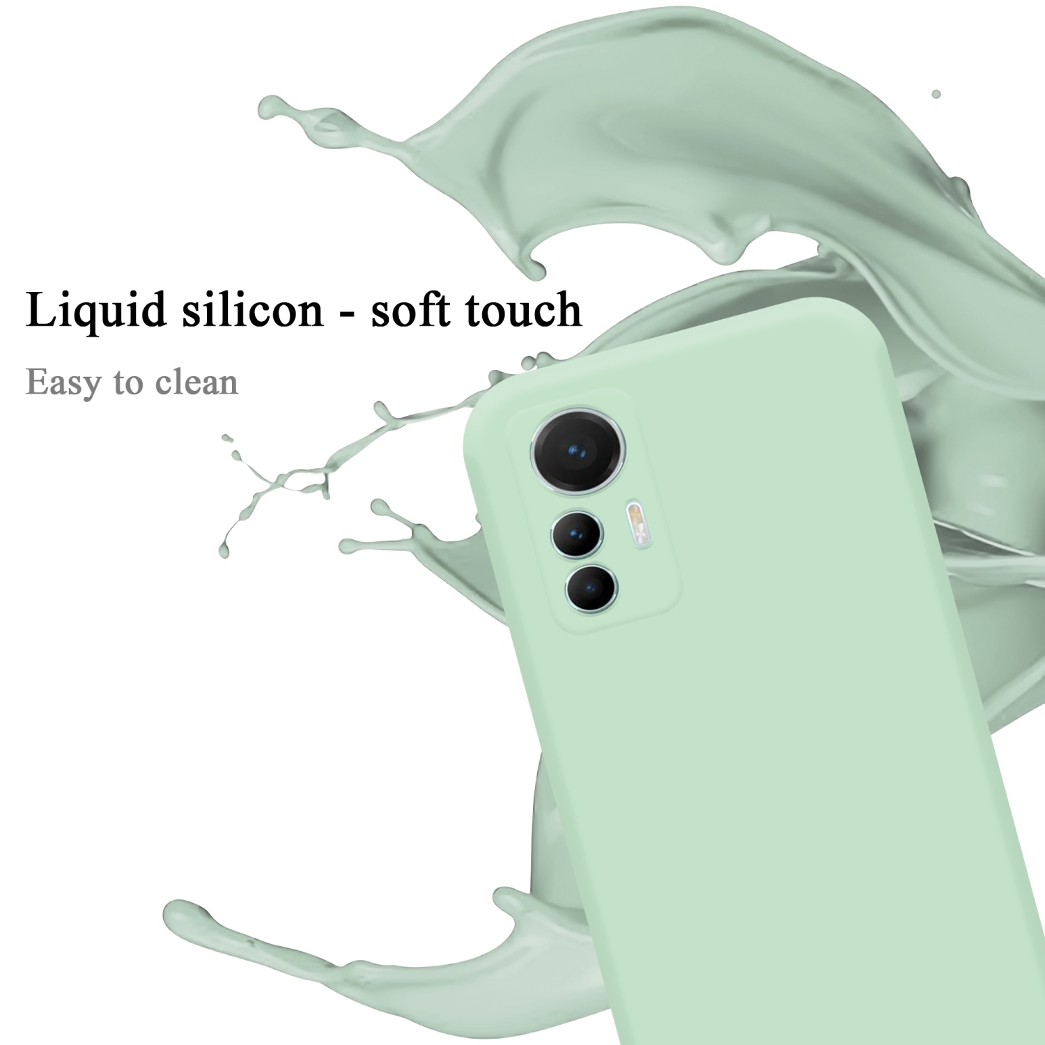 Hellgrüne Handyhülle mit Telefon. Flüssiges Silikon, Soft-Touch und leicht zu reinigen.