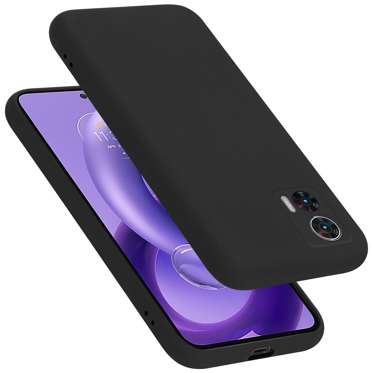 Schwarze Handyhülle mit Telefon darin. Das Telefon zeigt einen violetten Bildschirm. Gehäuse ist offen.