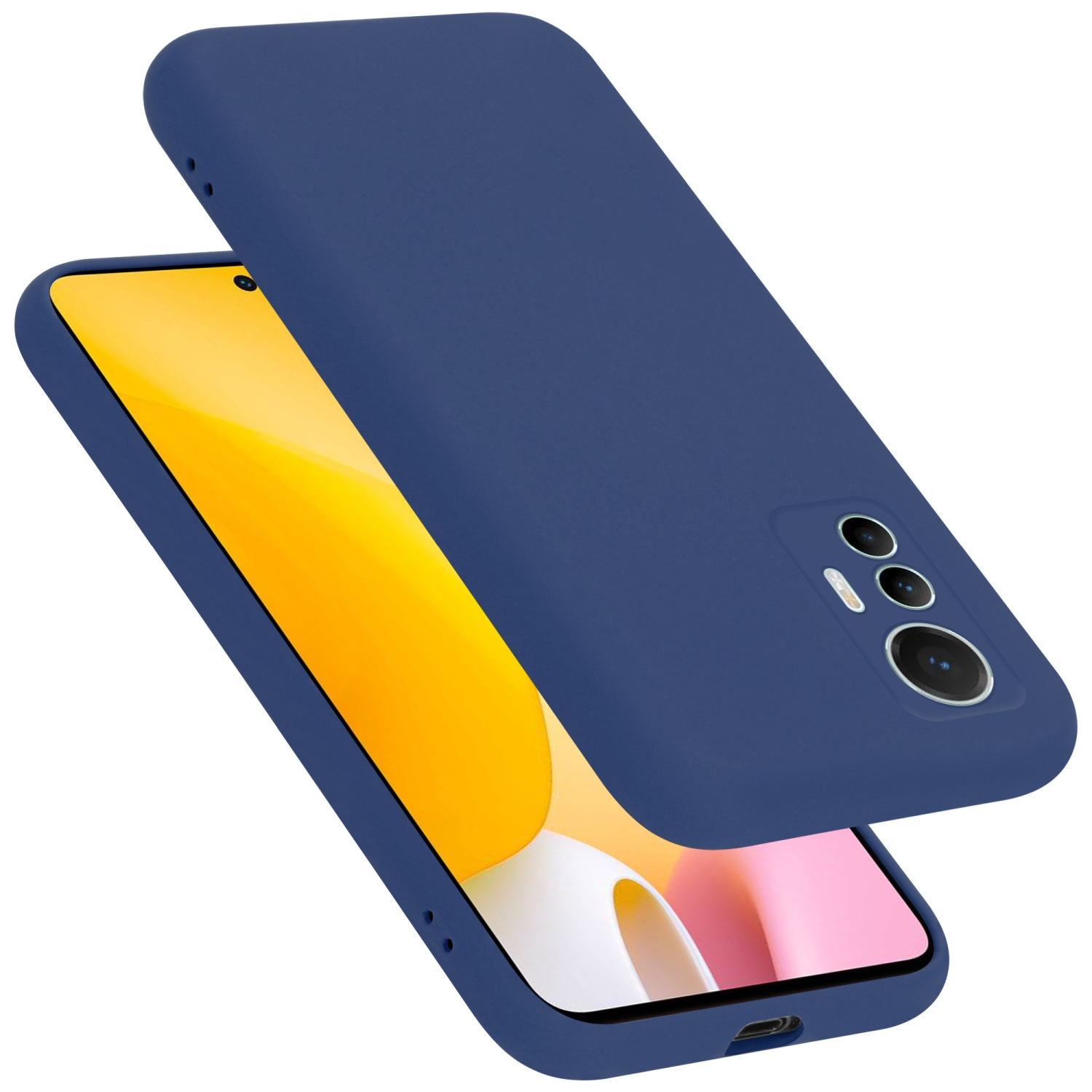 Blaue Handyhülle auf einem Telefon. Das Telefon ist in der Hülle. Weißer Hintergrund.