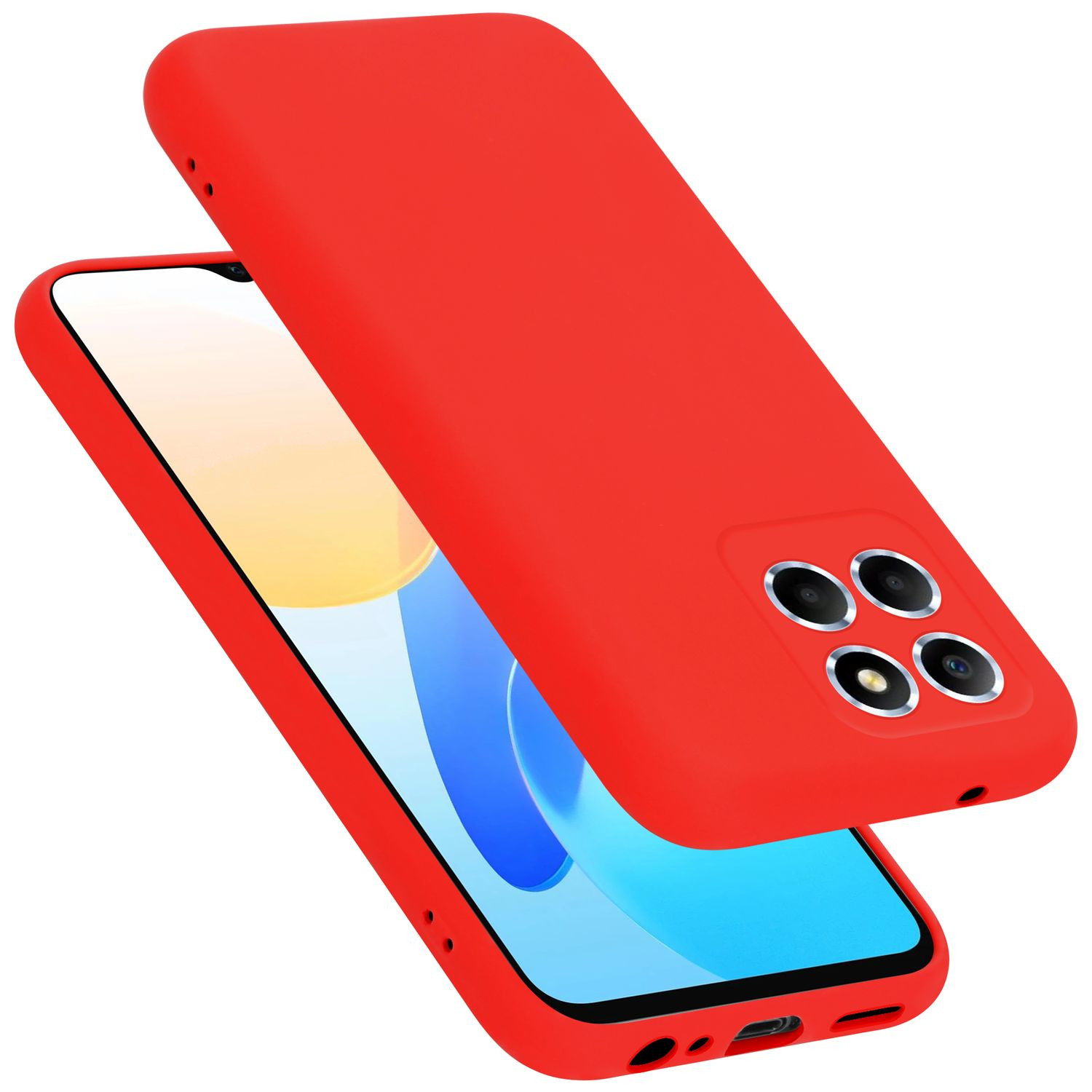 Rote Handyhülle und Telefon. Die Hülle ist offen, das Telefon ist sichtbar. Das Telefon hat einen blauen Bildschirm.
