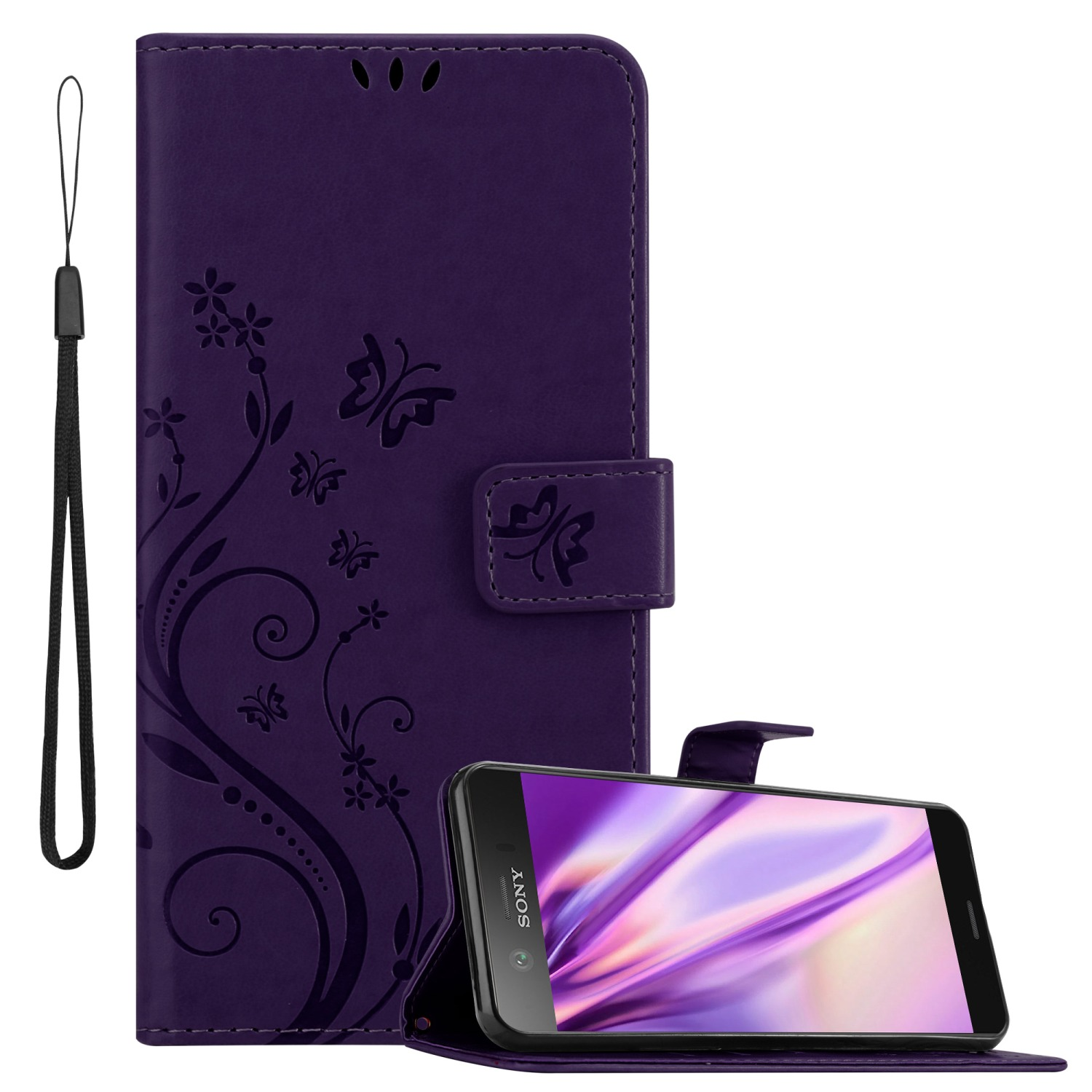 Hülle Sony, Muster DUNKEL Xperia Bookcover, COMPACT, Case, XZ1 CADORABO Flower FLORAL Blumen LILA