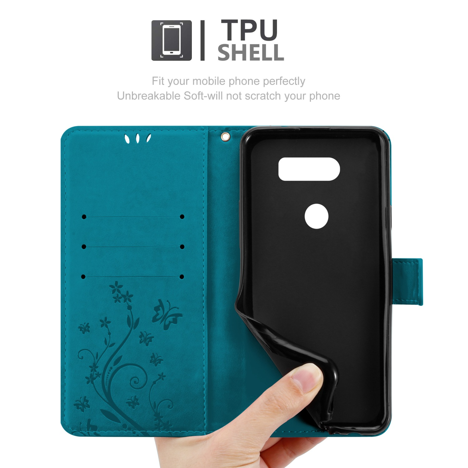 Türkisfarbene Handyhülle offen mit Blumendesign. Schwarzes Telefon innen. Hand öffnet die Hülle.