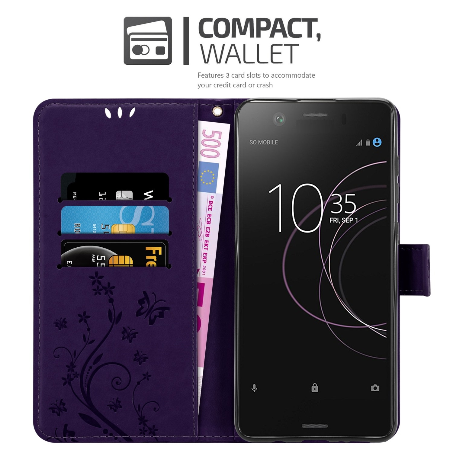 Portafoglio per telefono viola aperto con carte di credito e telefono. Design floreale.