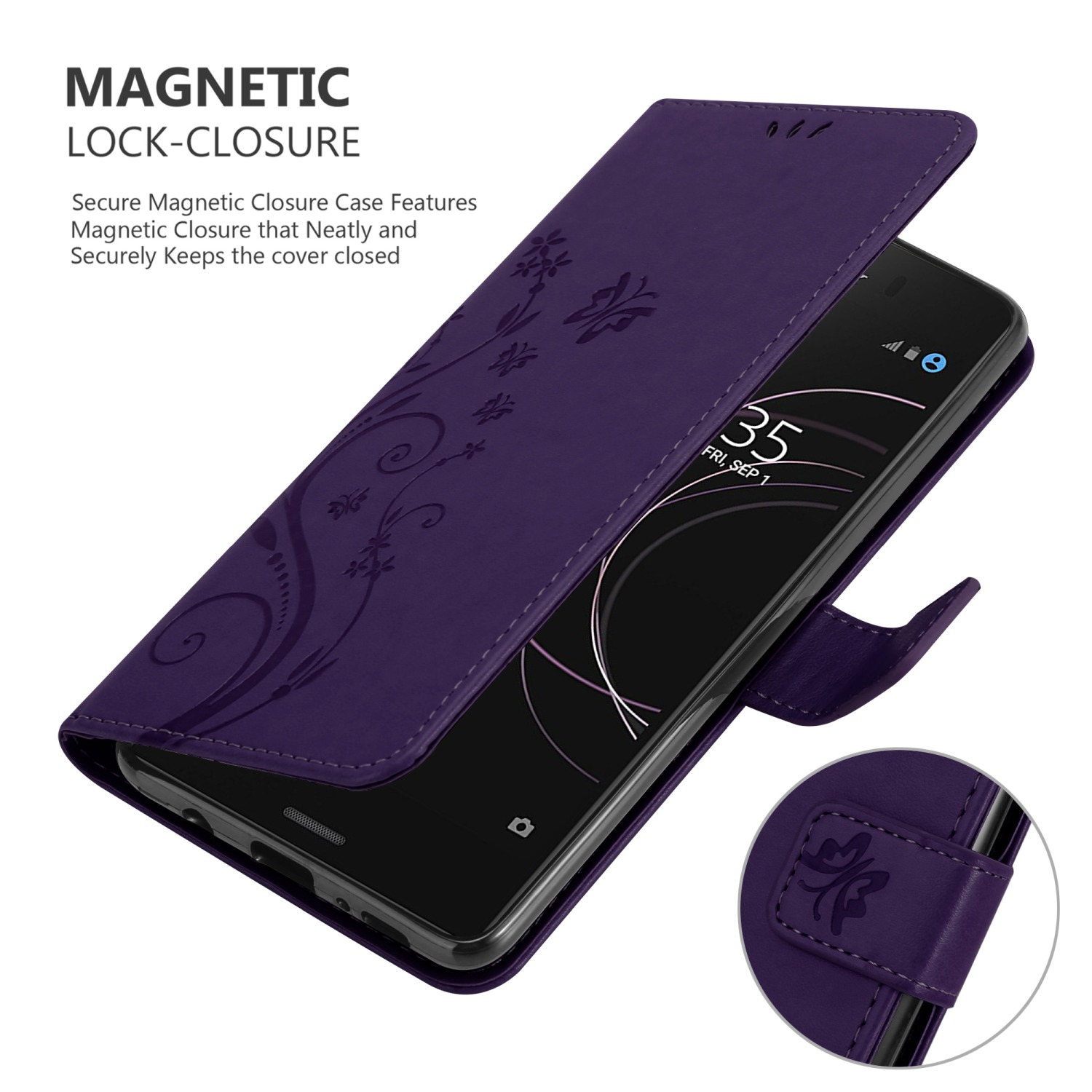 Una custodia viola per telefono, aperta, che mostra un telefono all'interno con design floreale.