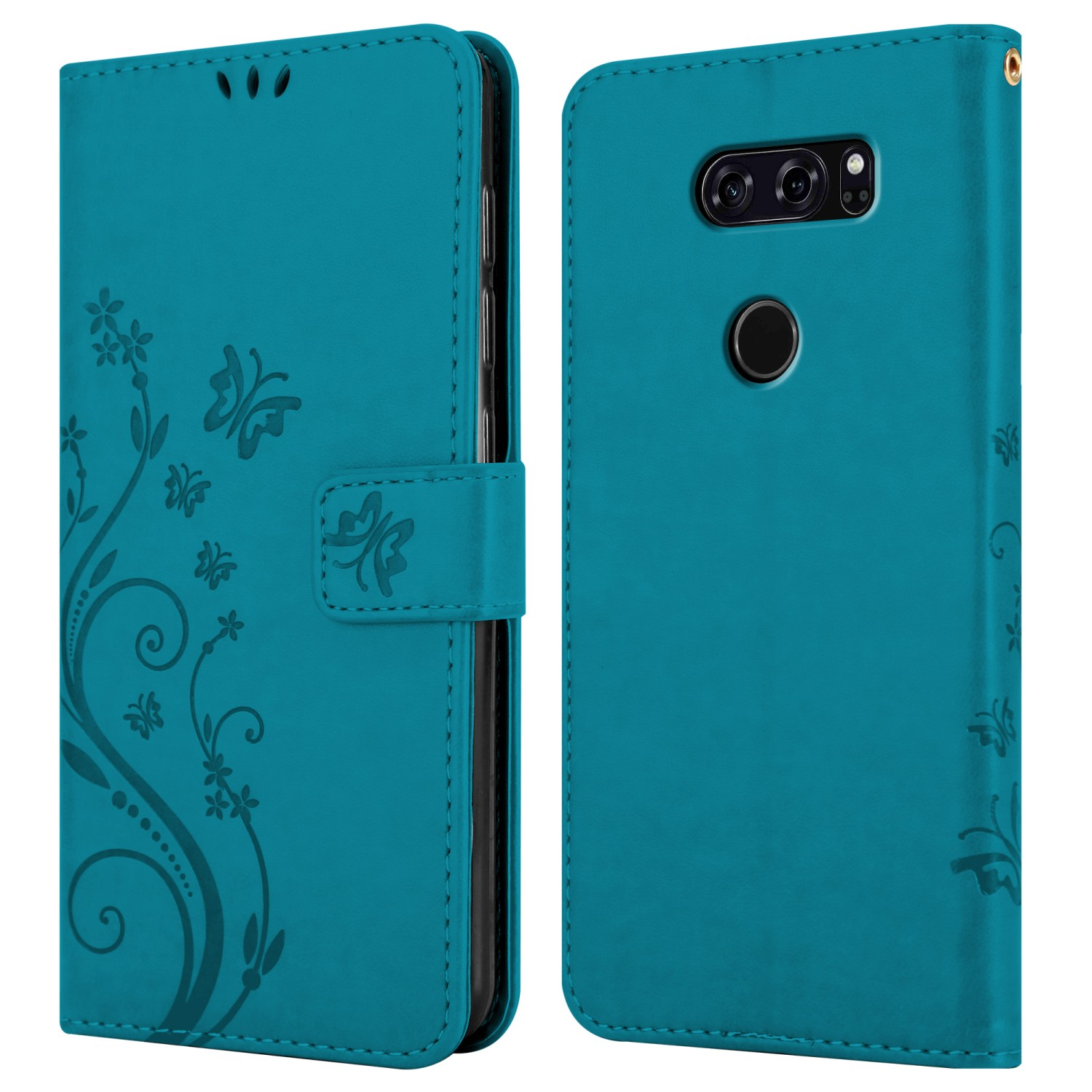 Türkisfarbene Handyhülle, offen und geschlossen, mit floralem Design auf der Vorderseite. Merkmale einen Verschluss. Rückseite hat Kamera und Fingerabdrucksensor.