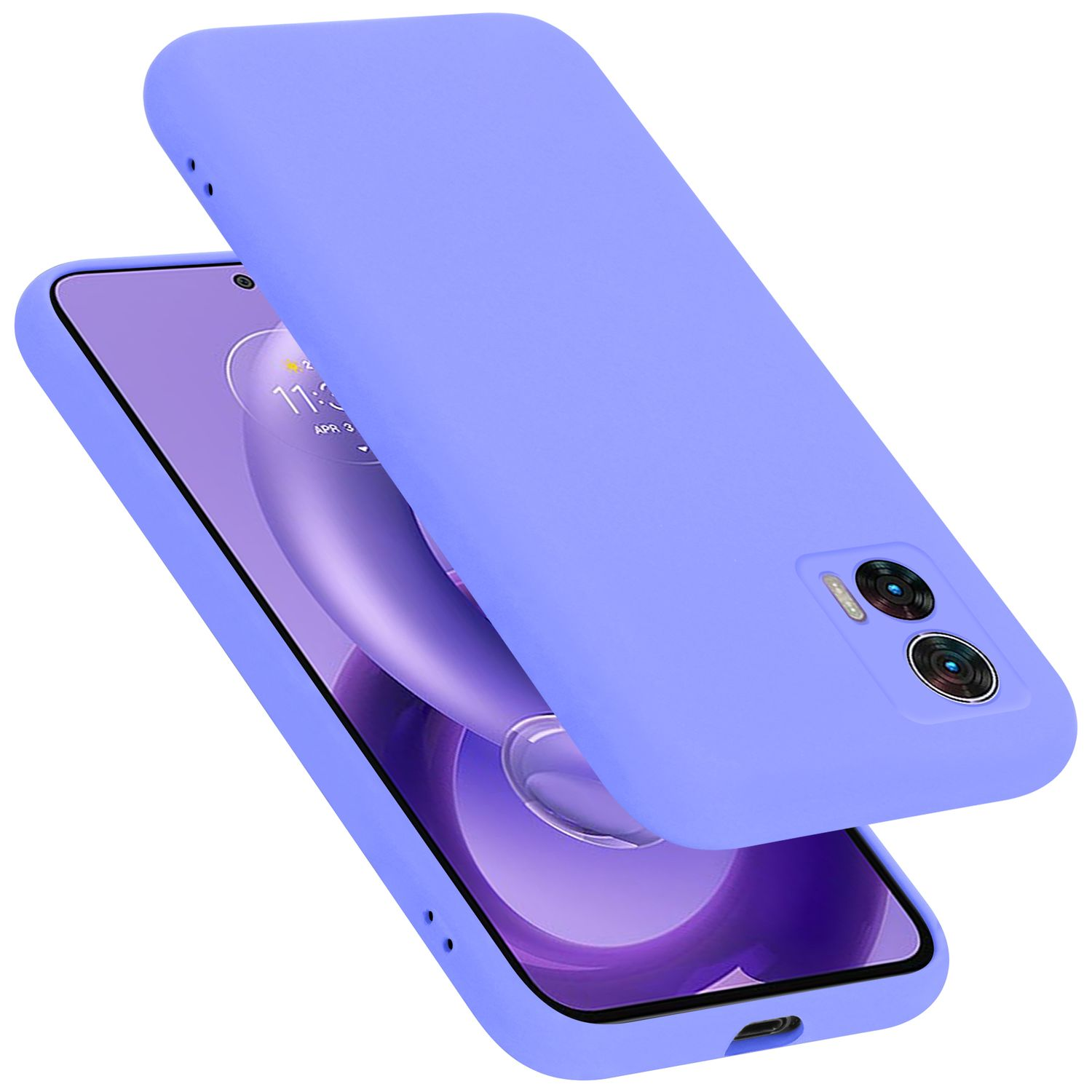 Lila Handyhülle mit Telefon darin. Das Telefon zeigt einen violetten Bildschirm. Gehäuse ist offen.