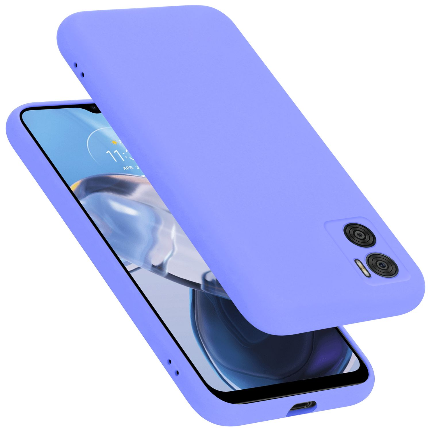 Lilafarbene Handyhülle und Telefon mit Kamera. Das Telefon zeigt eine Benutzeroberfläche.