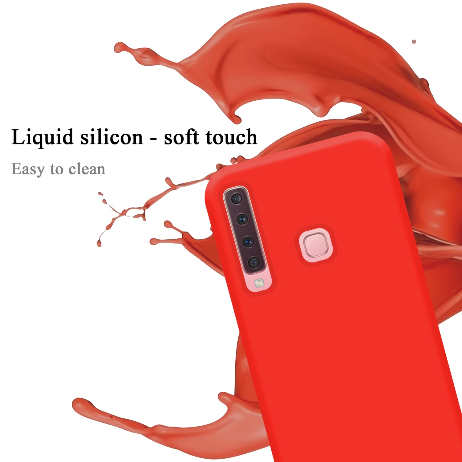 Eine rote Handyhülle mit einem Telefon. Ein Spritzer roter Flüssigkeit befindet sich dahinter.
