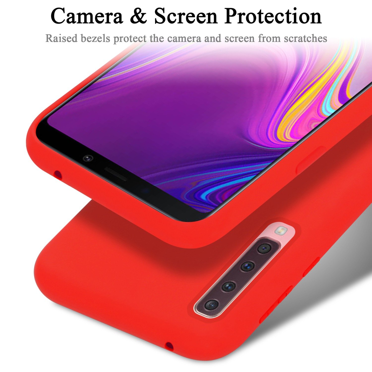 Rote Handyhülle mit Telefon darin. Text: Kamera- & Bildschirmschutz. Erhöhte Einfassungen schützen Kamera und Bildschirm.