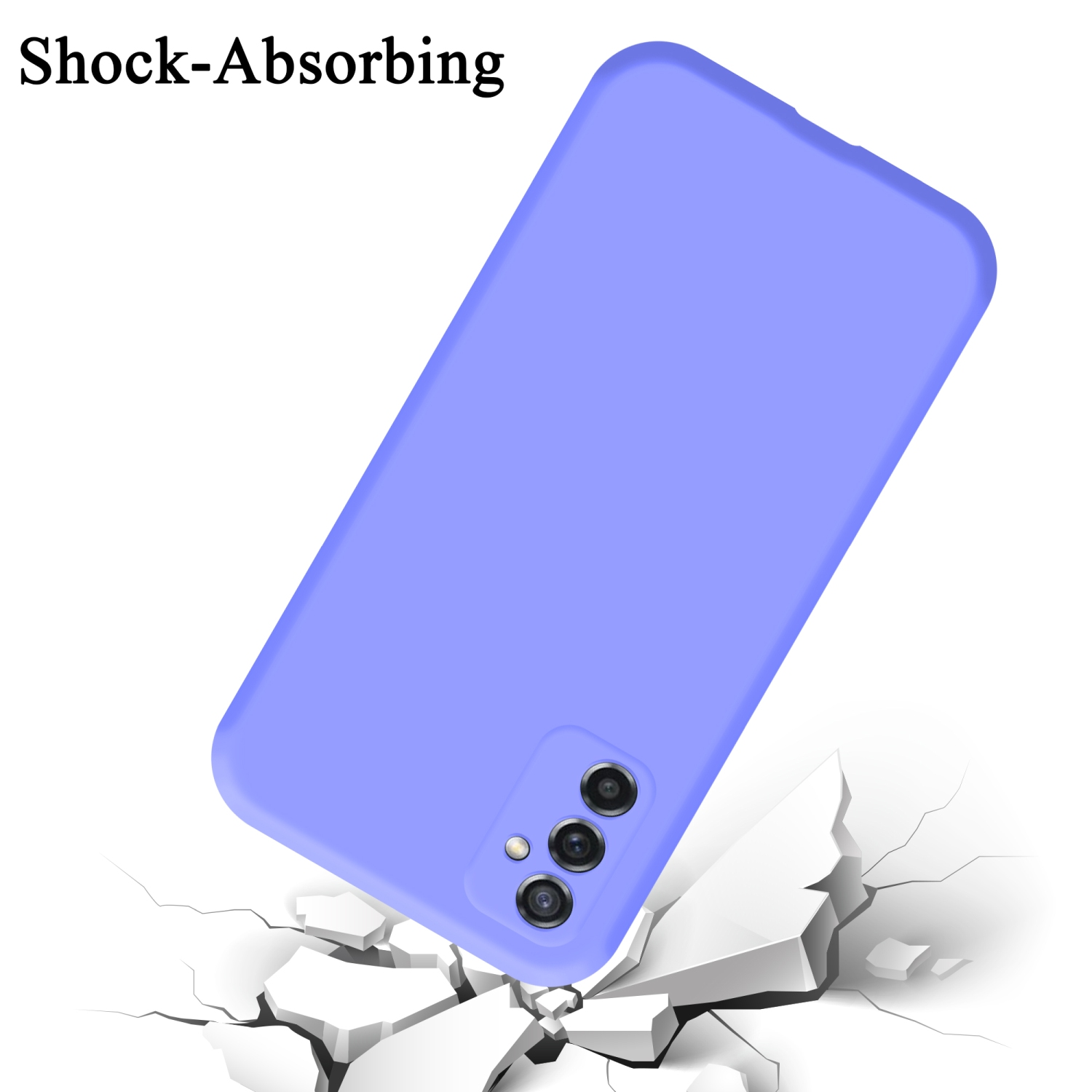 Una custodia per telefono lavanda cade, rompendo la superficie. Testo 'Shock-Absorbing' sopra.