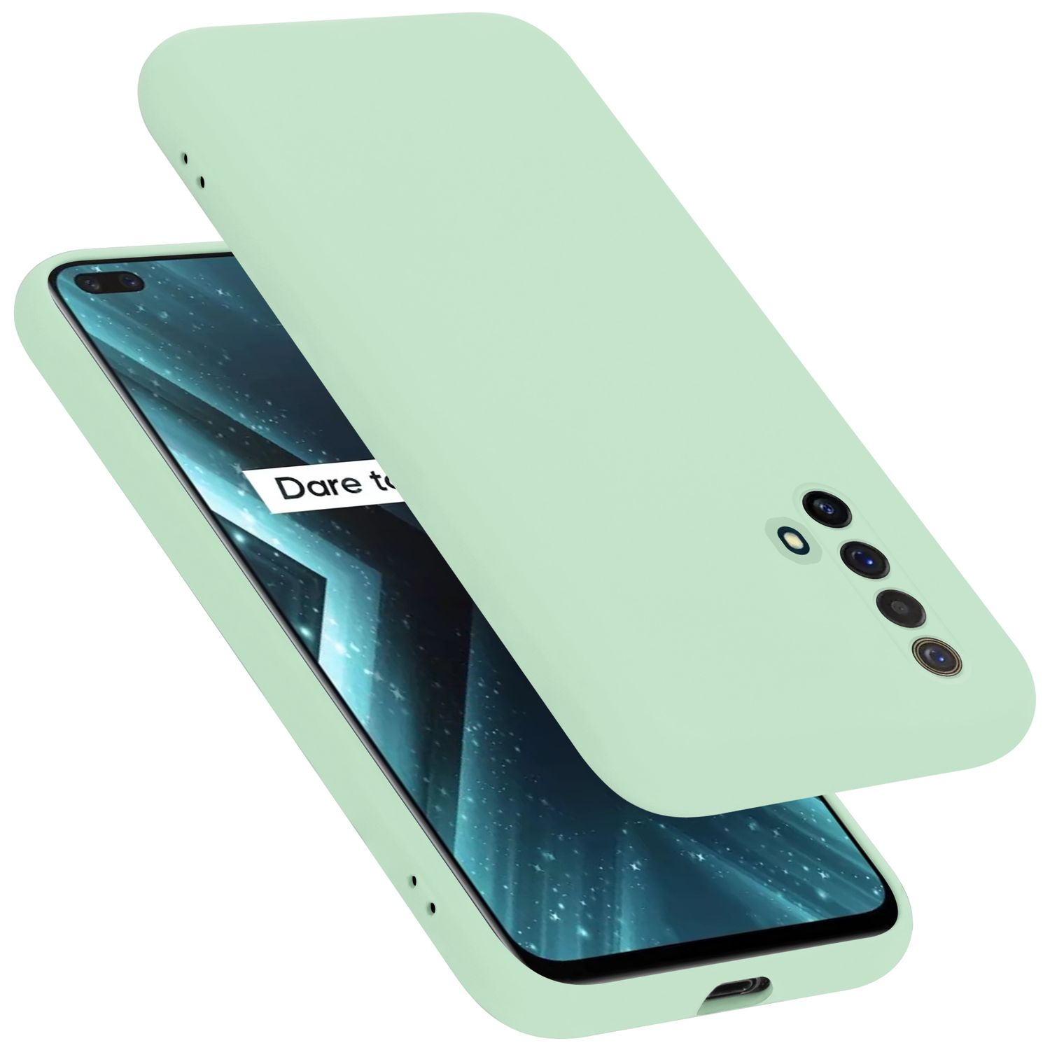 Mintgrüne Handyhülle und Telefon. Weißer Hintergrund und das Telefon hat Dare to auf dem Bildschirm.