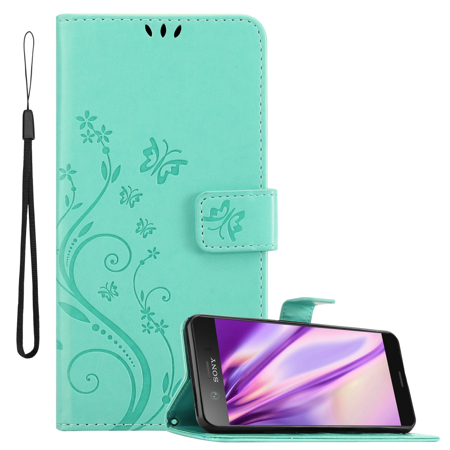 Xperia Flower XZ1 Case, CADORABO Hülle COMPACT, FLORAL Blumen Muster Bookcover, Sony, TÜRKIS