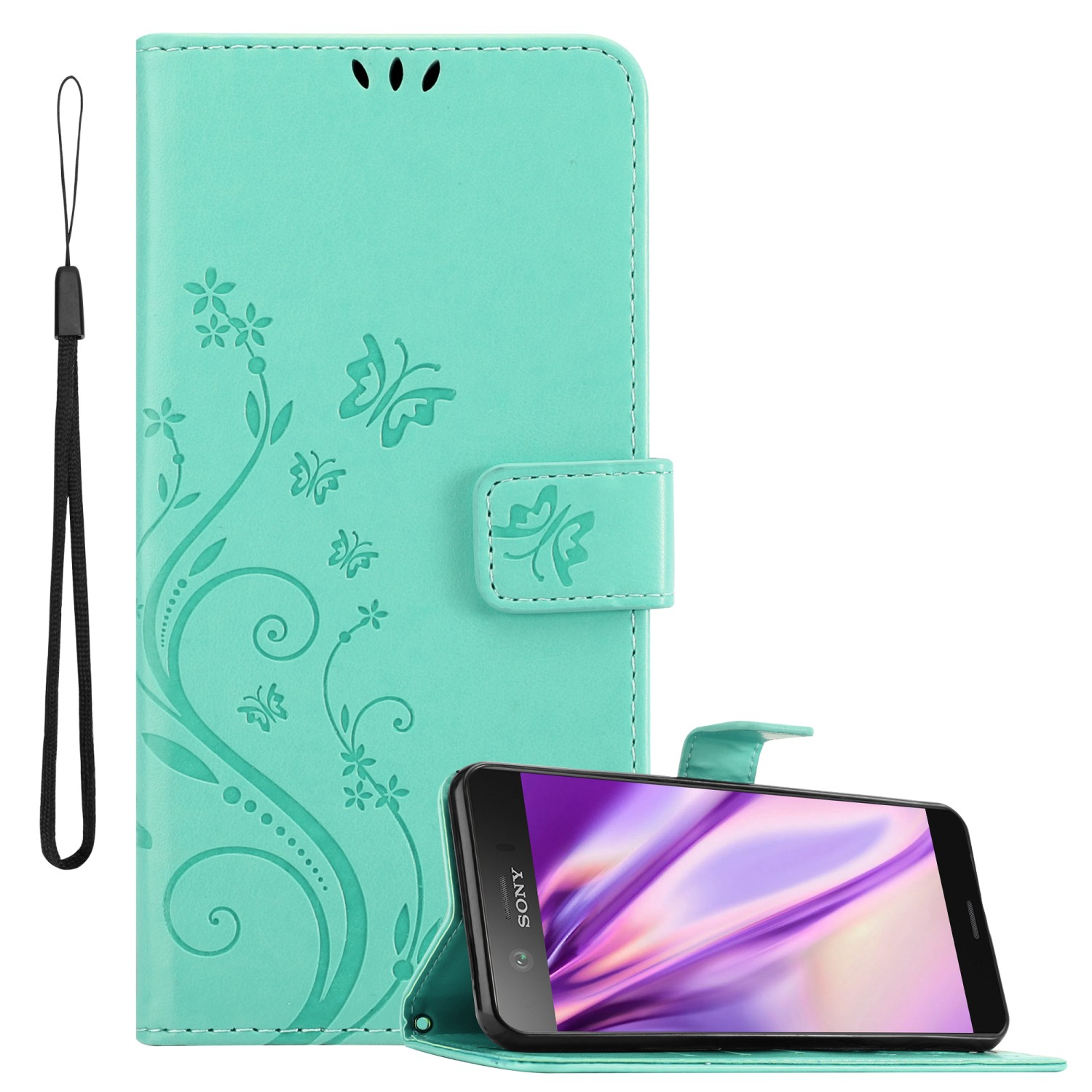 Custodia per telefono verde acqua con motivo floreale e cinturino da polso nero. Telefono con schermo viola all'interno.