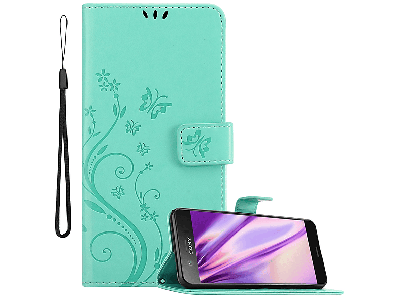 COMPACT, Flower Case, Xperia Hülle Blumen Muster XZ1 TÜRKIS FLORAL Bookcover, Sony, CADORABO