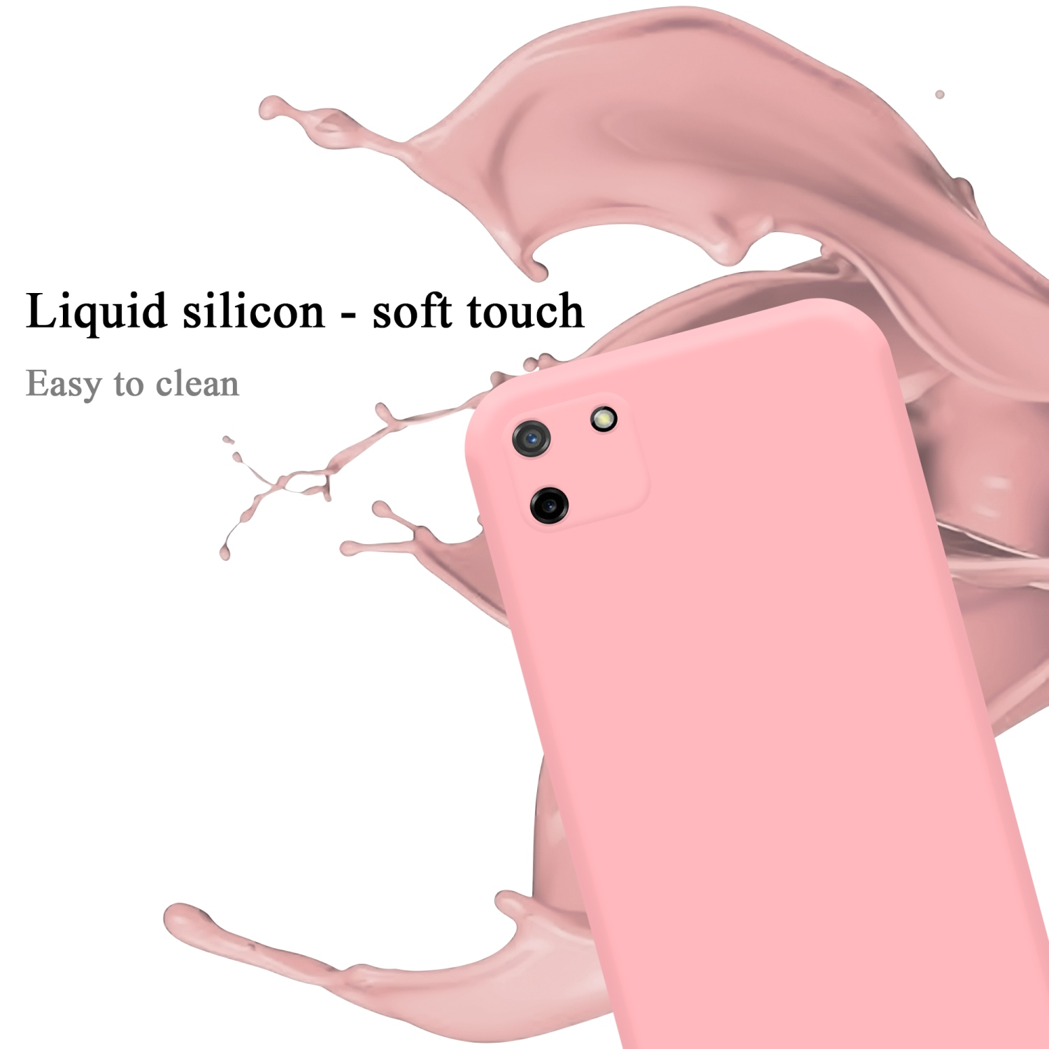 Eine rosa Handyhülle mit einem Spritzer rosa Flüssigkeit. Die Hülle ist angewinkelt.
