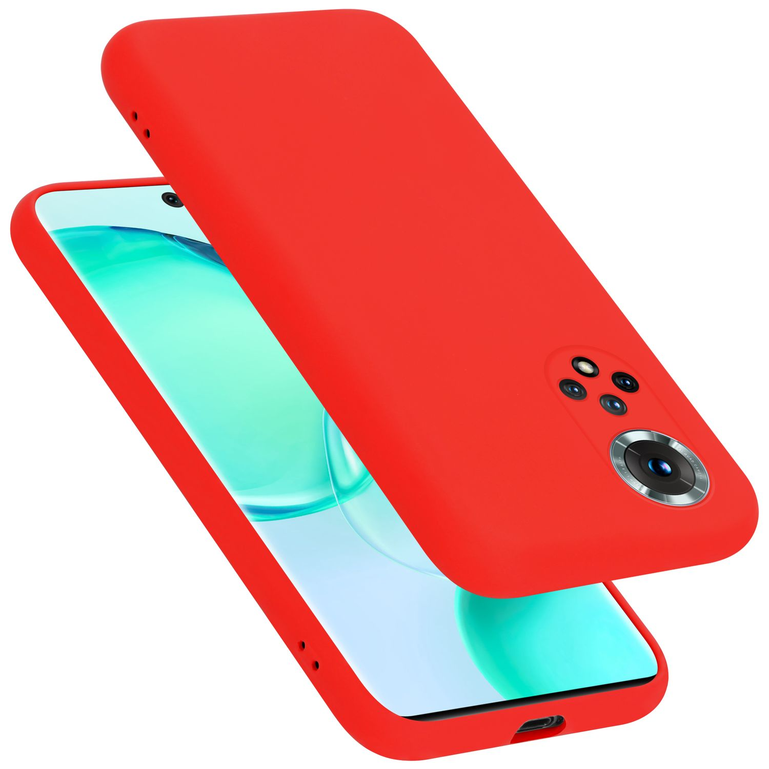 Eine rote Handyhülle und ein Telefon mit angezeigter Uhrzeit. Die Hülle ist vom Telefon abgenommen. Weißer Hintergrund.