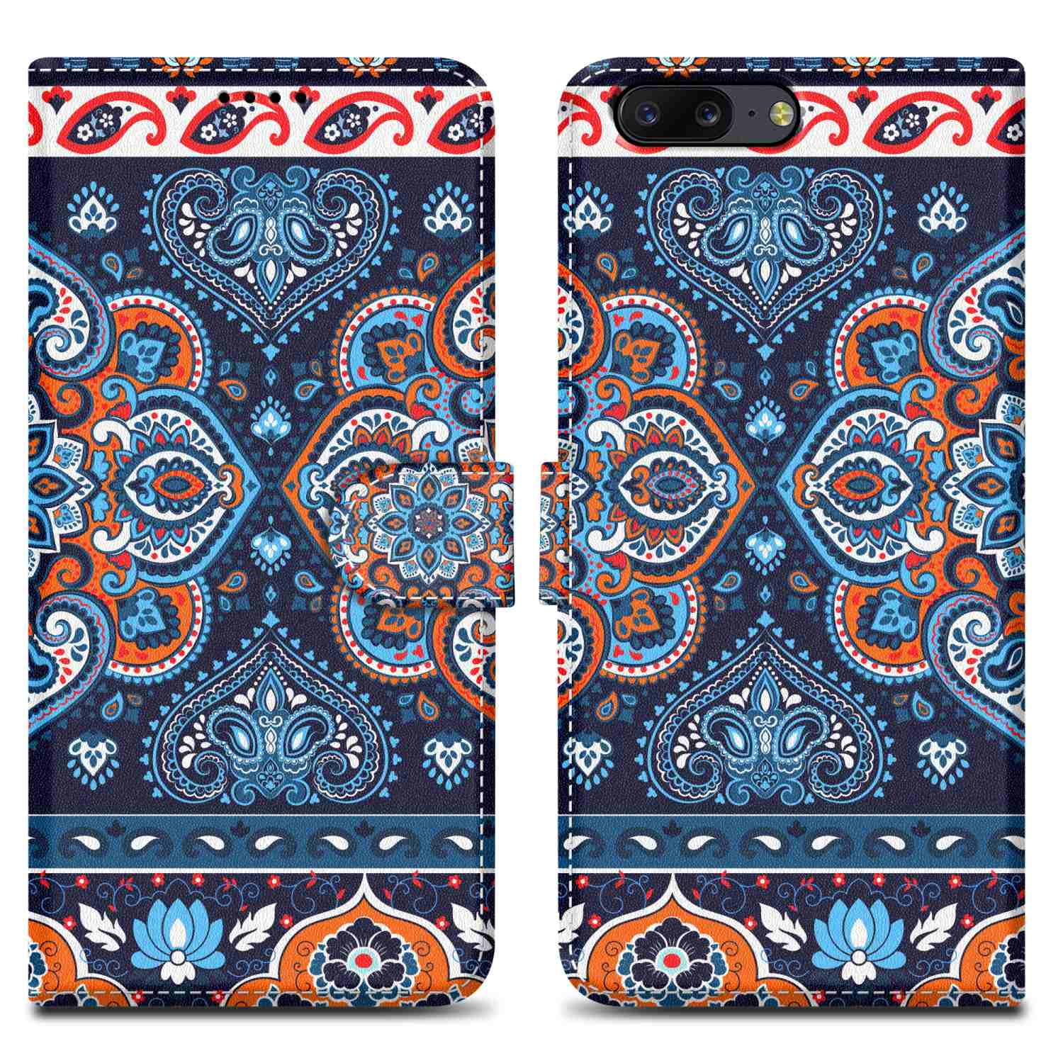 Una custodia per telefono, aperta, con un disegno paisley blu, arancione e bianco.