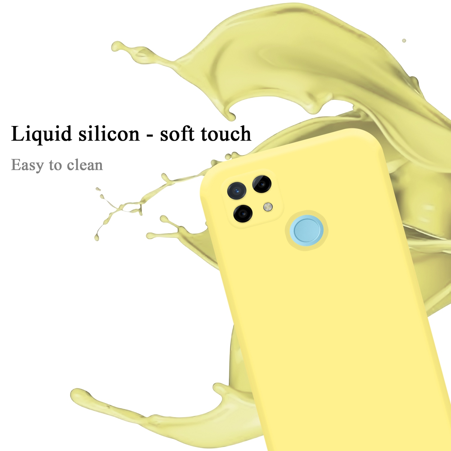 Gelbe Handyhülle mit Spritzern. Text: Flüssiges Silikon - Soft-Touch. Leicht zu reinigen.