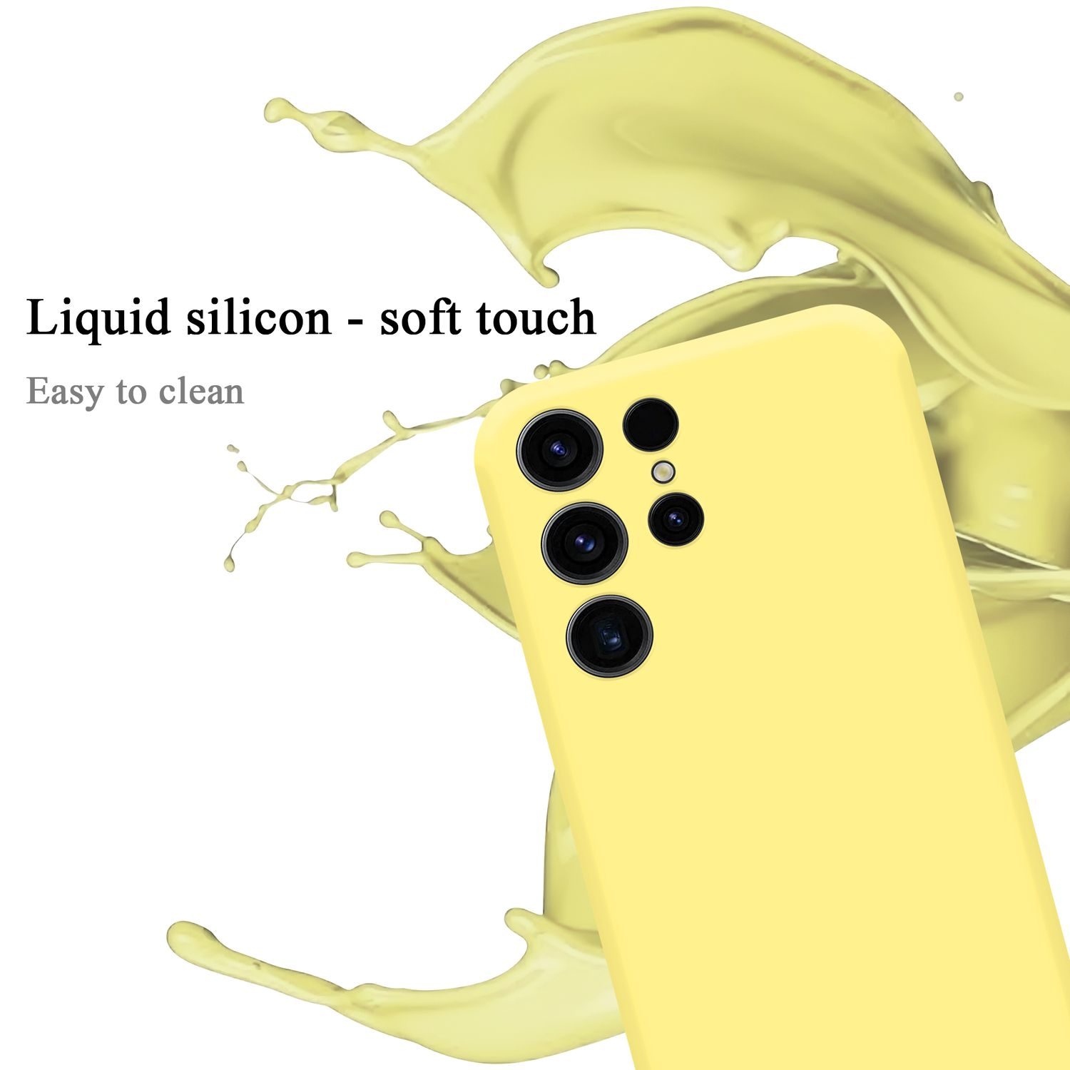 Eine gelbe Handyhülle und ein Spritzer Flüssigkeit mit dem Text: Flüssigsilikon - weiche Haptik, leicht zu reinigen.