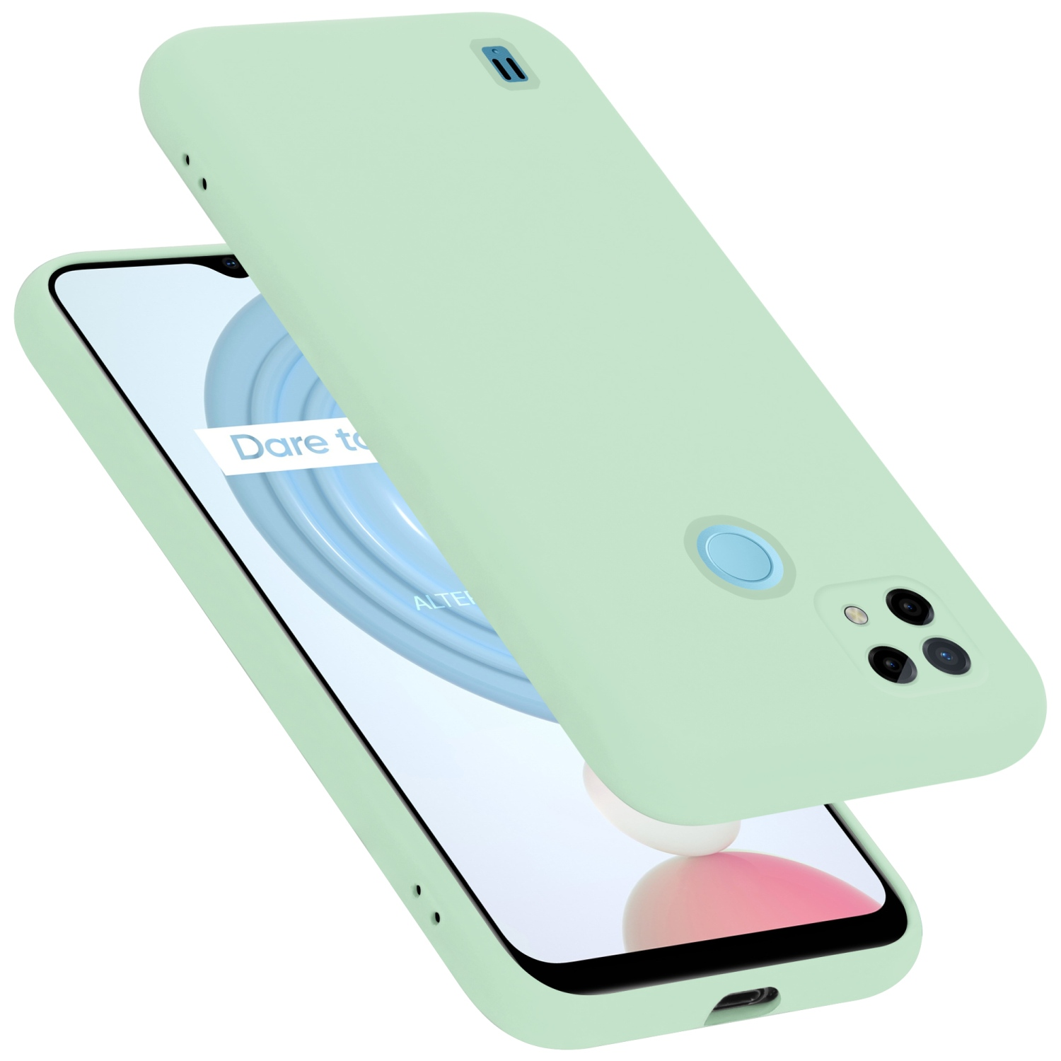 Grüne Handyhülle, Telefonbildschirm sichtbar. Eine zweite Hülle schwebt darüber.