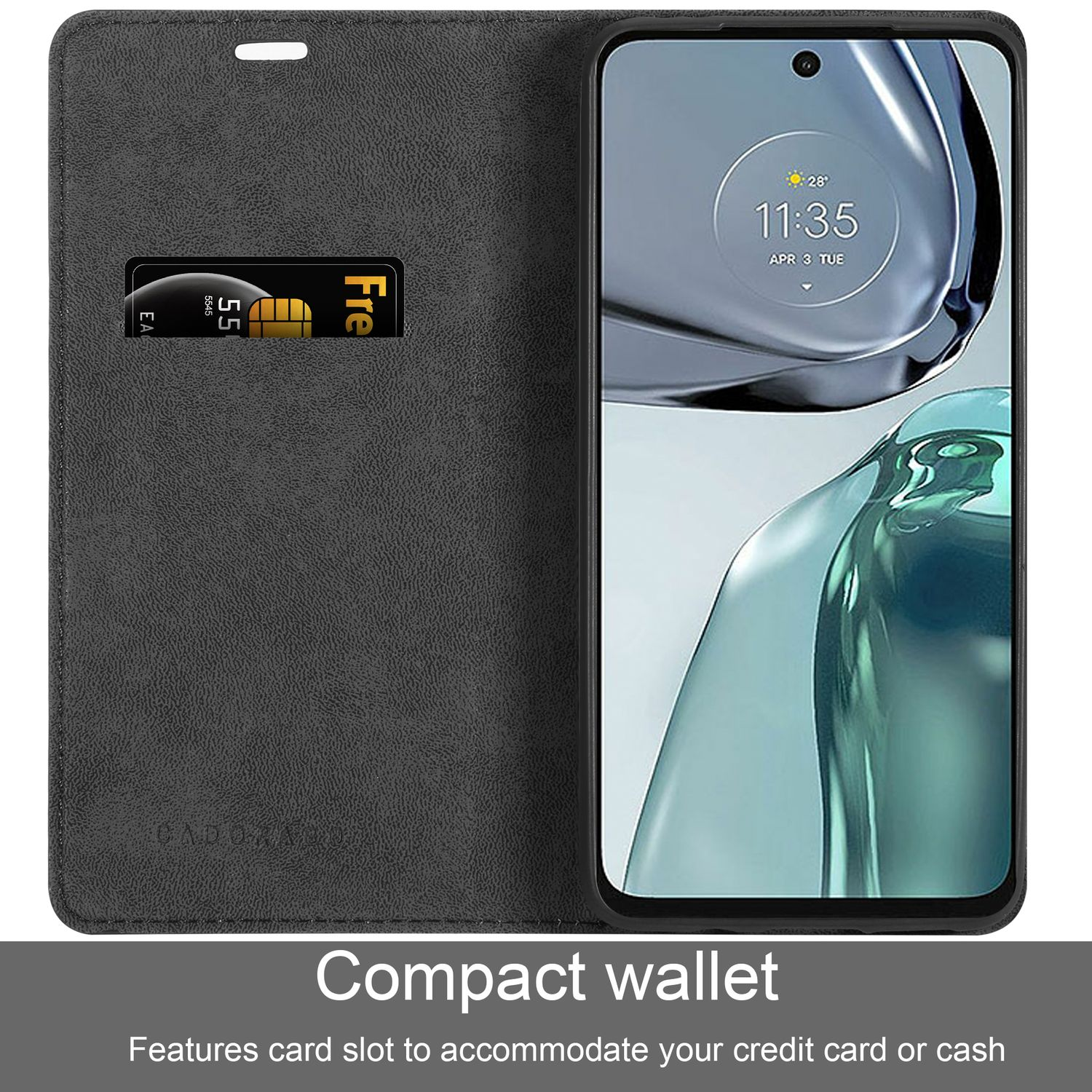 Custodia del telefono nera aperta, fessura per carte con carta di credito e telefono.