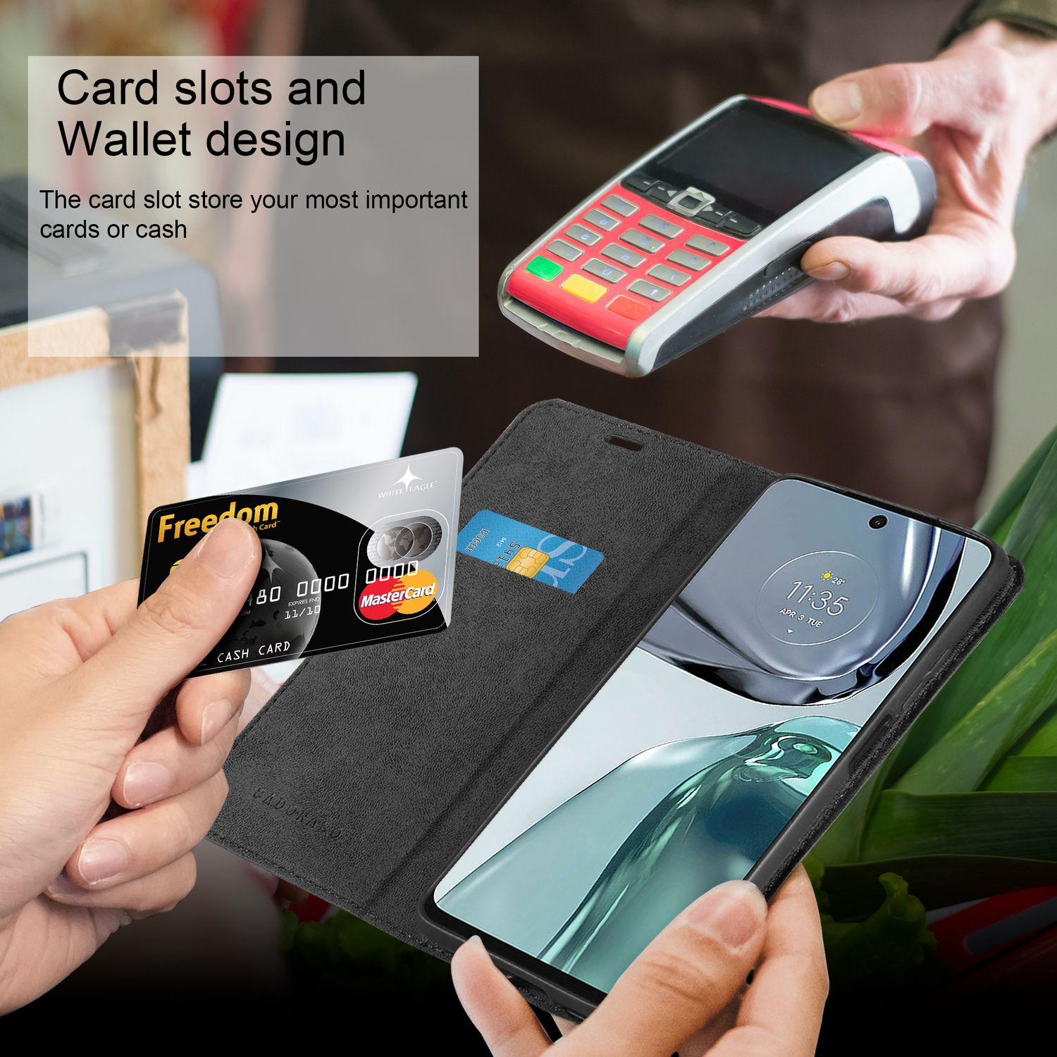 Telefono con slot per schede e una carta di credito Mastercard.