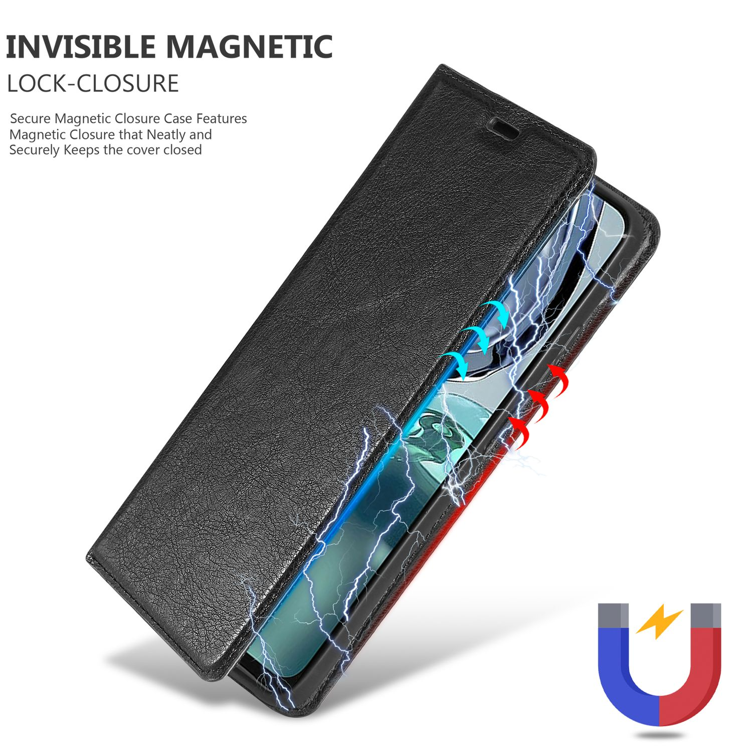 Custodia nera con coperchio aperto ed effetto fulmine, circondata da un magnete a forma di U.