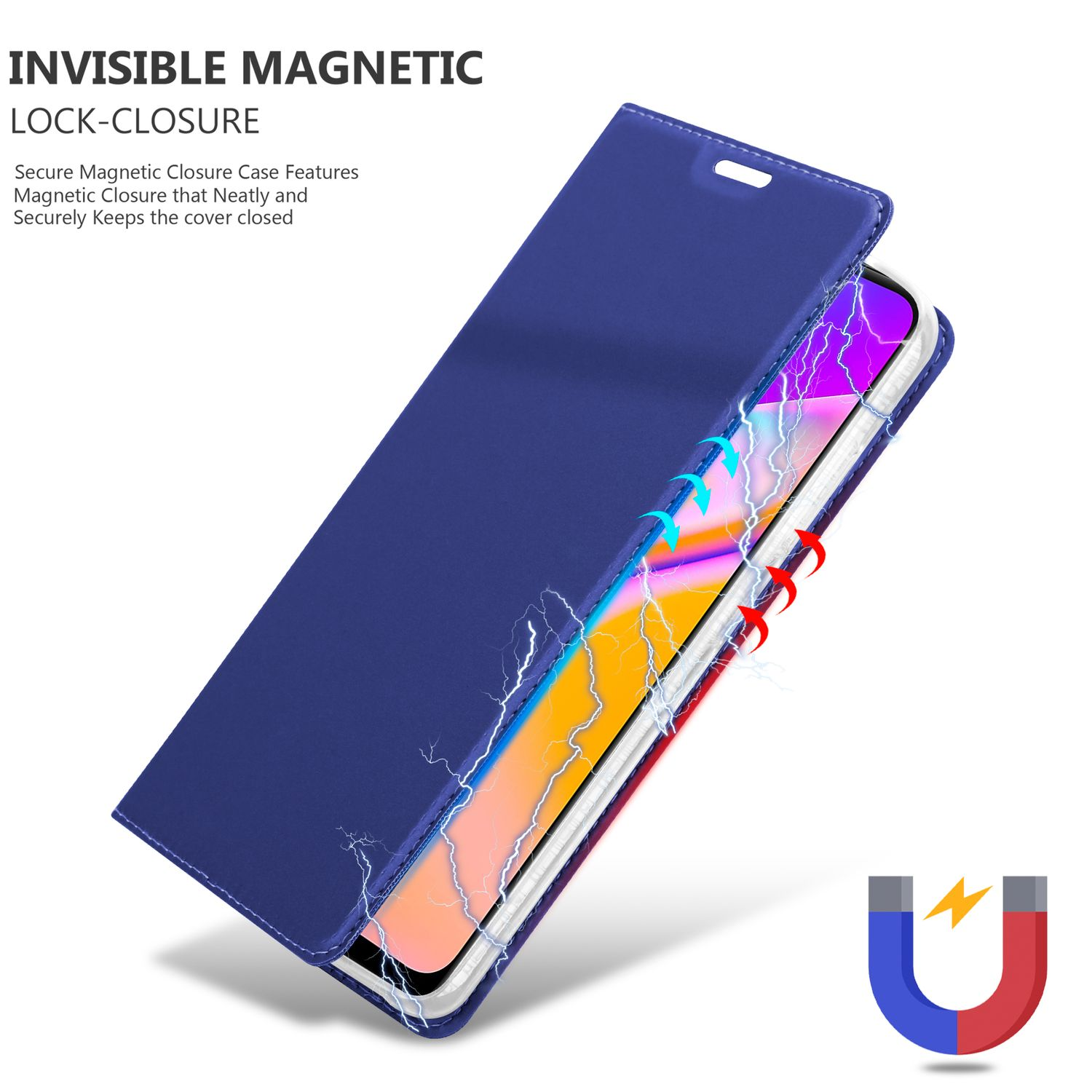 Custodia per telefono blu. Aperta, con fulmini. Un'icona a forma di magnete. La custodia copre un telefono.