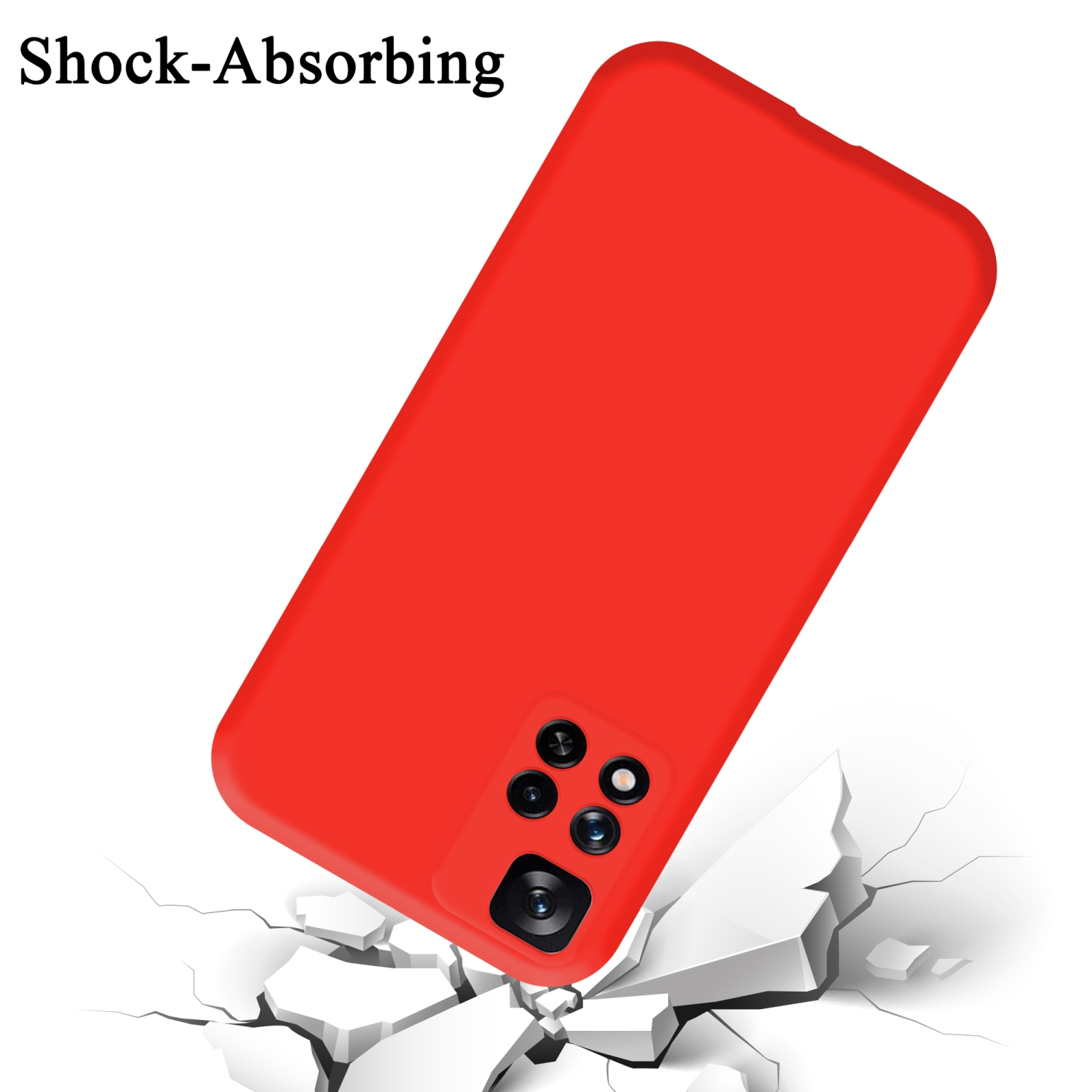Custodia per telefono rossa con obiettivi, crepe sul terreno e testo 'Shock-Absorbing'.