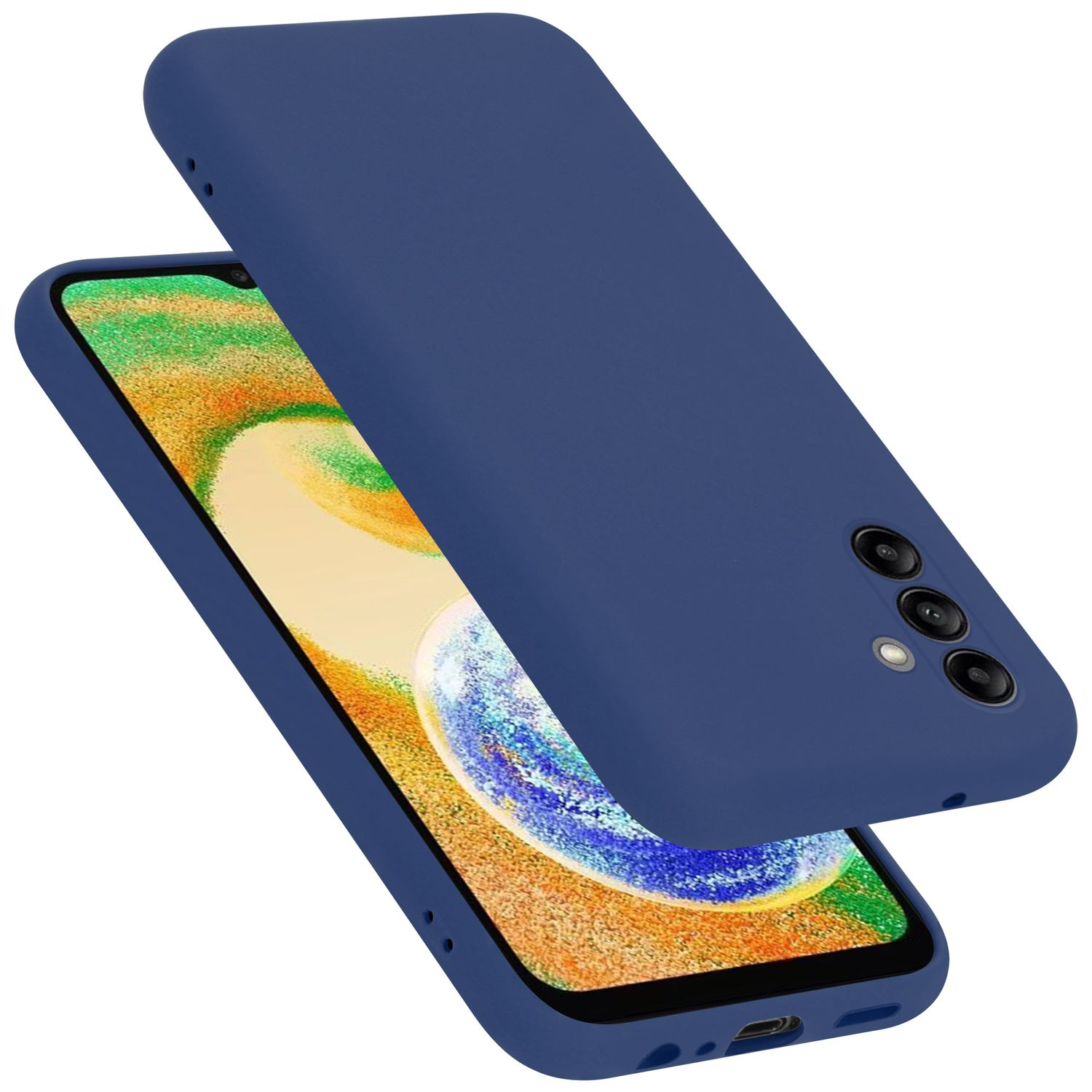 Eine dunkelblaue Handyhülle und ein Telefon. Die Hülle ist vom Telefon abgenommen. Weißer Hintergrund.