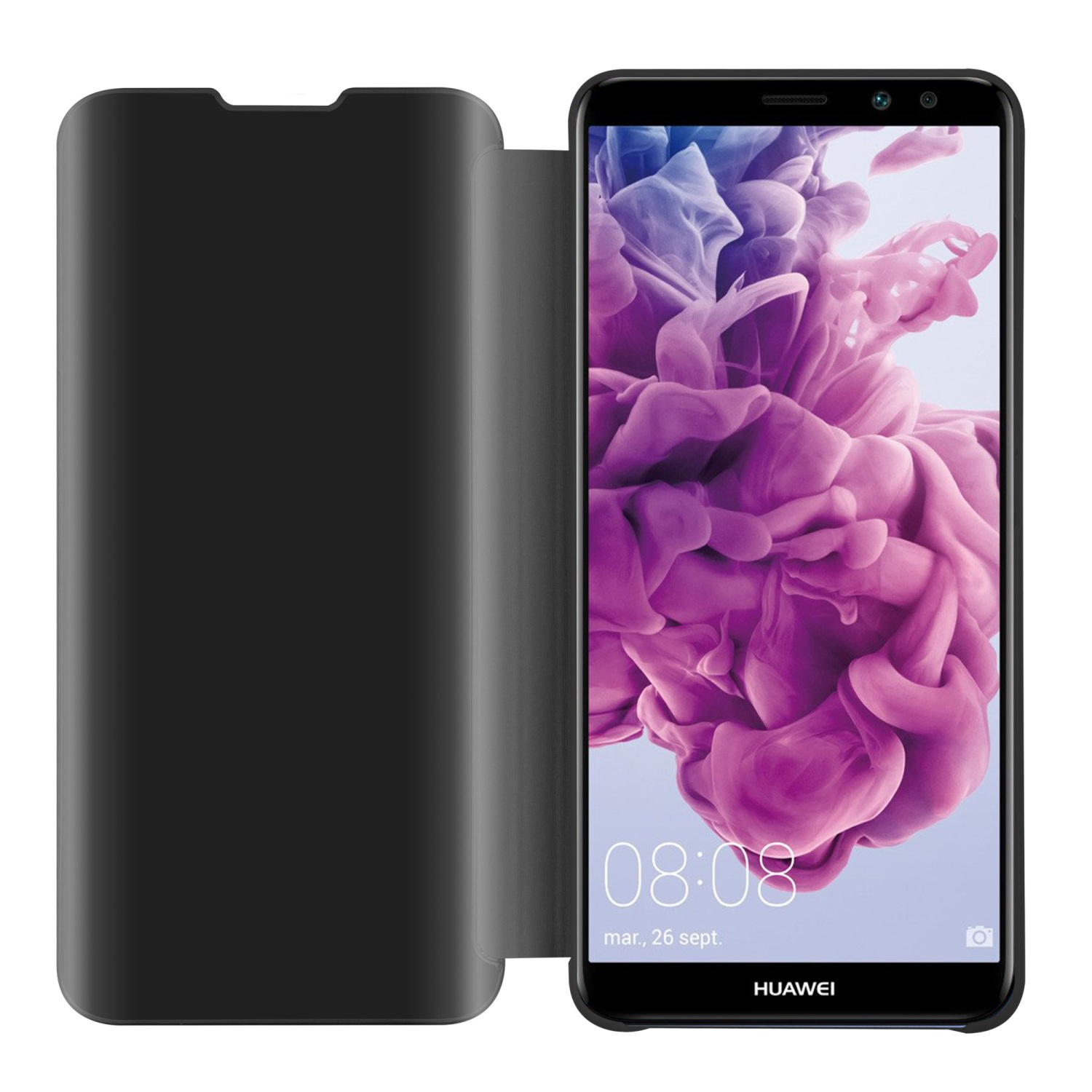Schwarzes Telefon mit Bildschirm, der ein farbenfrohes Bild und die Uhrzeit 08:08 anzeigt.