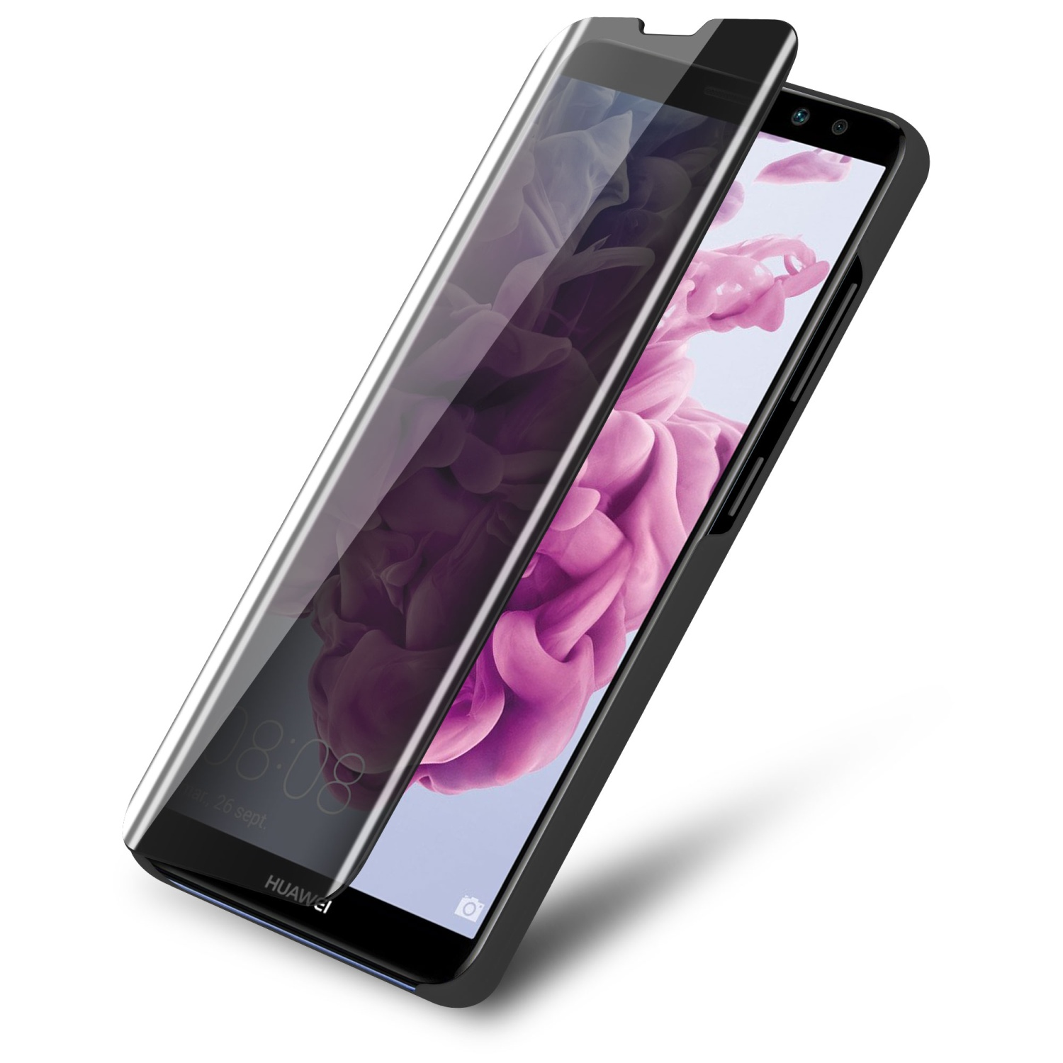 Ein Telefon, auf das eine Displayschutzfolie aufgebracht wird. Der Bildschirm zeigt rosa flüssige Kunst.