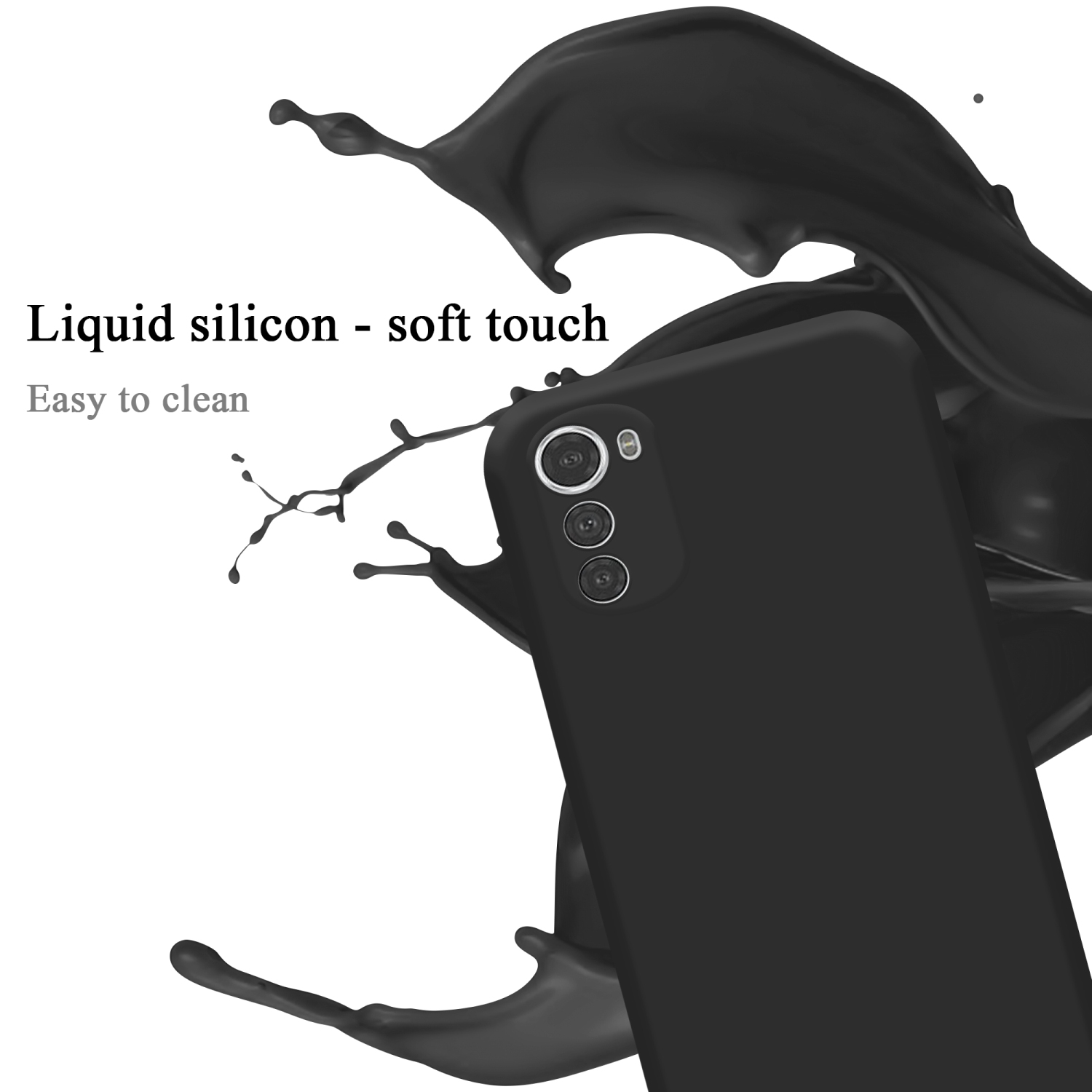 Schwarze Handyhülle mit Kamera. Flüssiges Silikon, Soft-Touch. Schwarzer Flüssigkeitsspritzer.