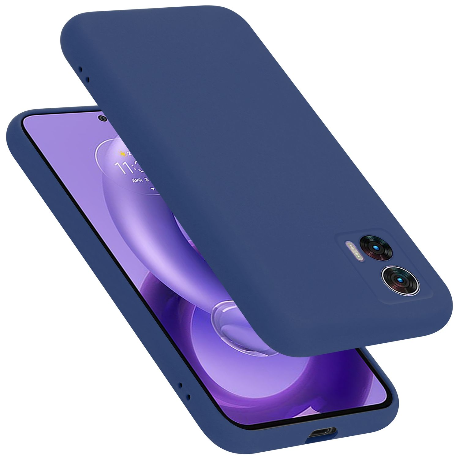 Blaue Handyhülle mit Telefon. Die Hülle ist offen und zeigt das Telefon.