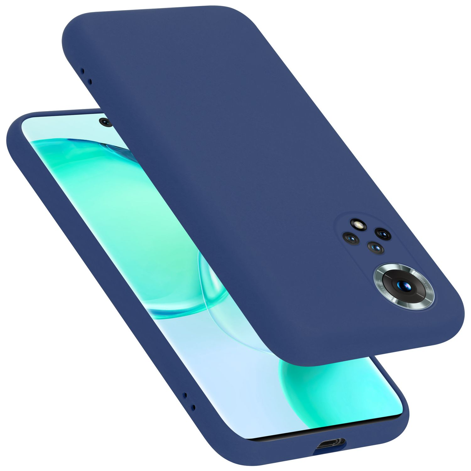 Blaue Handyhülle mit Telefon. Hülle hat Kameraausschnitte. Blauer Deckel ist angehoben.