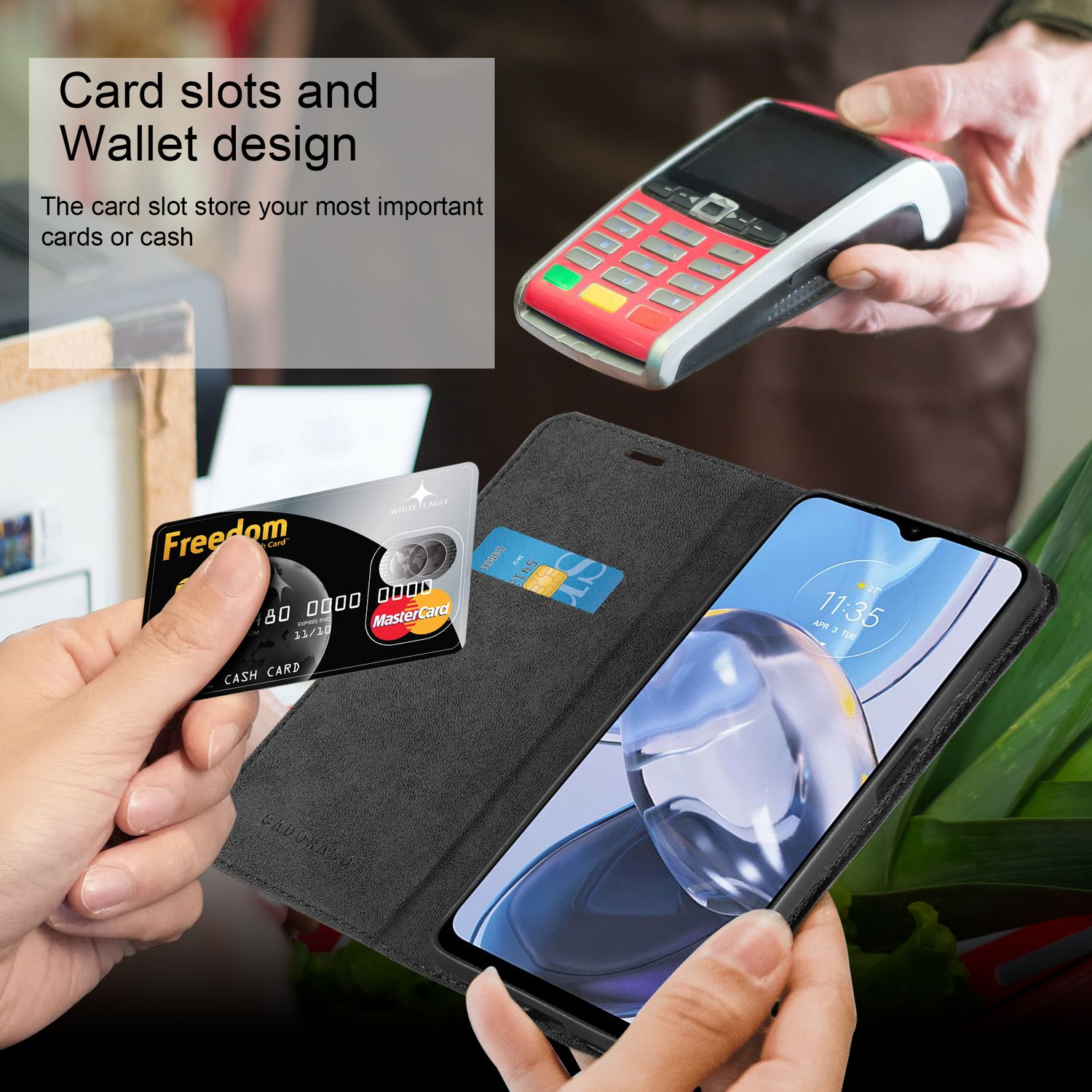Custodia per telefono con carte e telefono all'interno, mano che tiene la carta. Testo: Scomparti per carte e design a portafoglio.