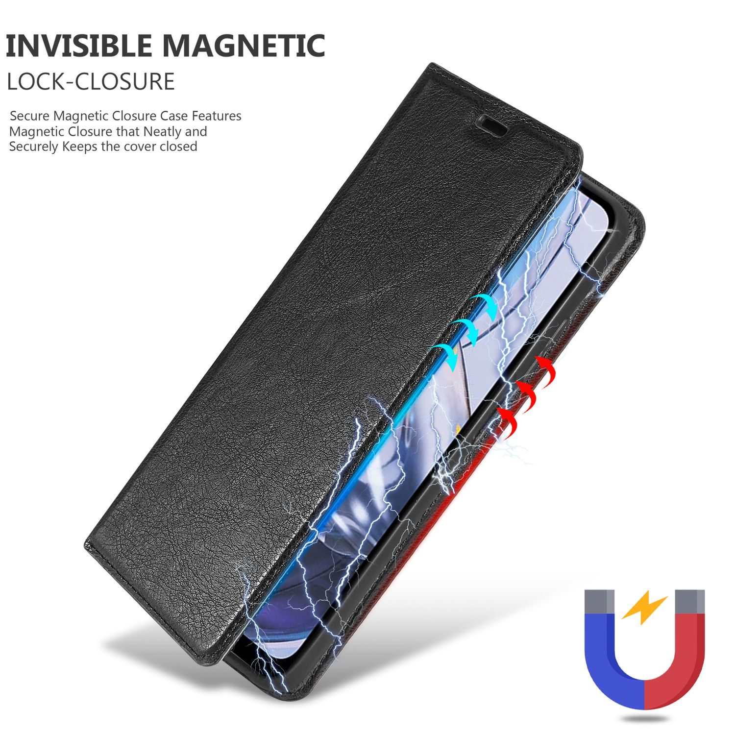 Custodia nera per telefono con chiusura magnetica, che mostra un effetto campo magnetico.