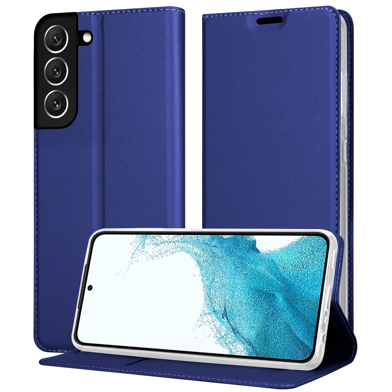 Eine blaue Handyhülle mit dem Telefon darin. Die Handyhülle ist geschlossen. Das Telefon wird angezeigt.