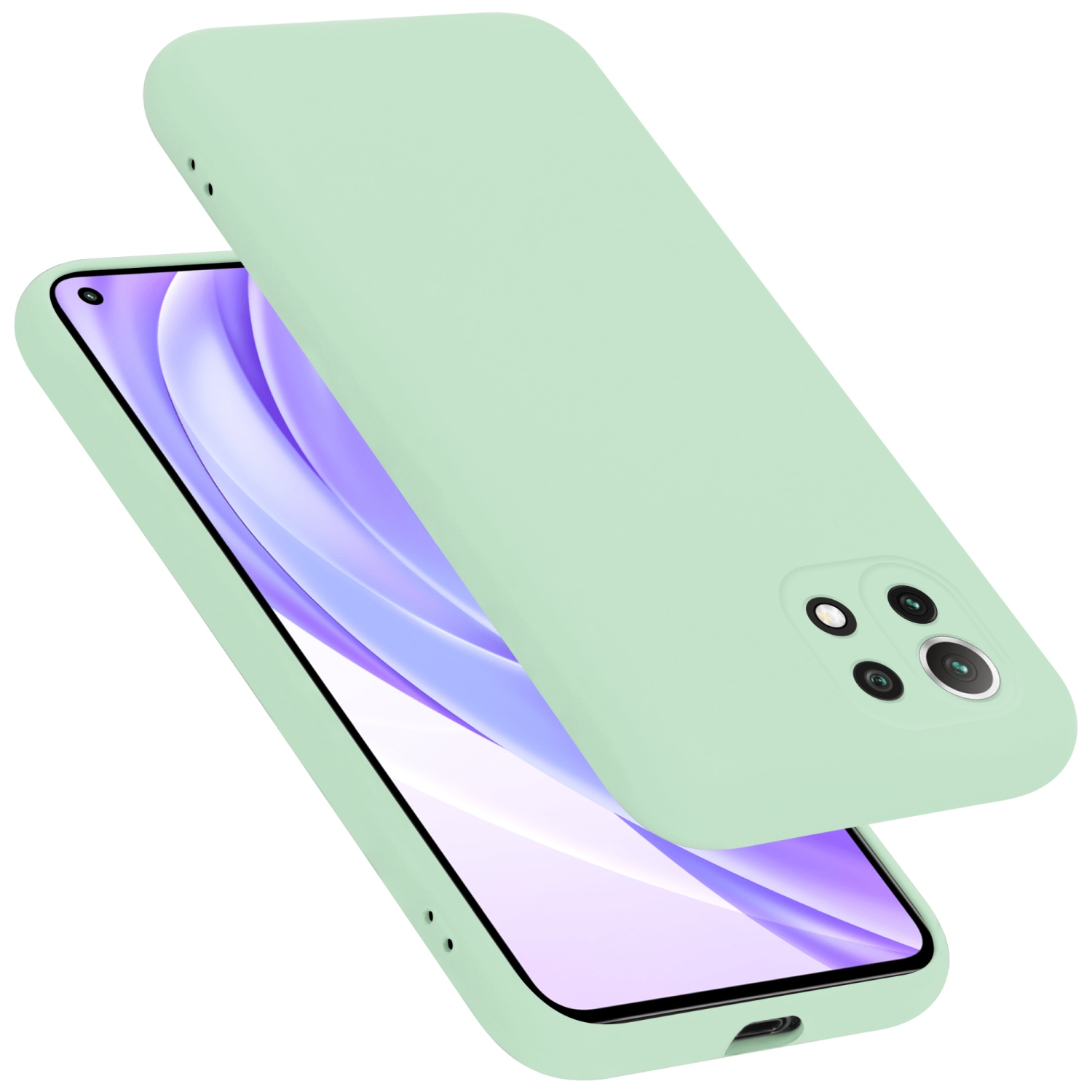 Mintgrüne Handyhülle mit Telefon. Handyhülle über dem Telefon. Das Telefon ist grün und zeigt einen Bildschirm.