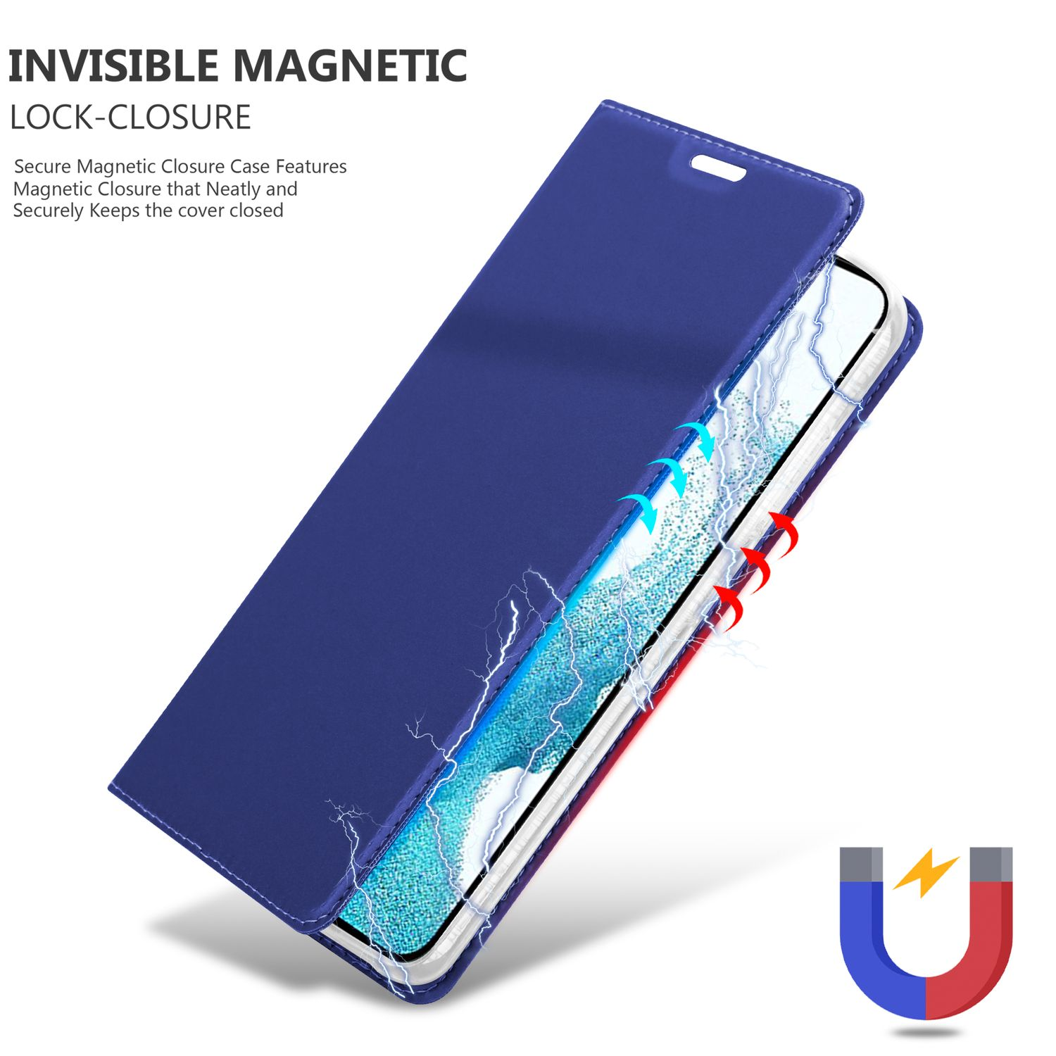 Eine blaue Handyhülle geöffnet, mit Magnetverschluss und Magnet-Symbol.