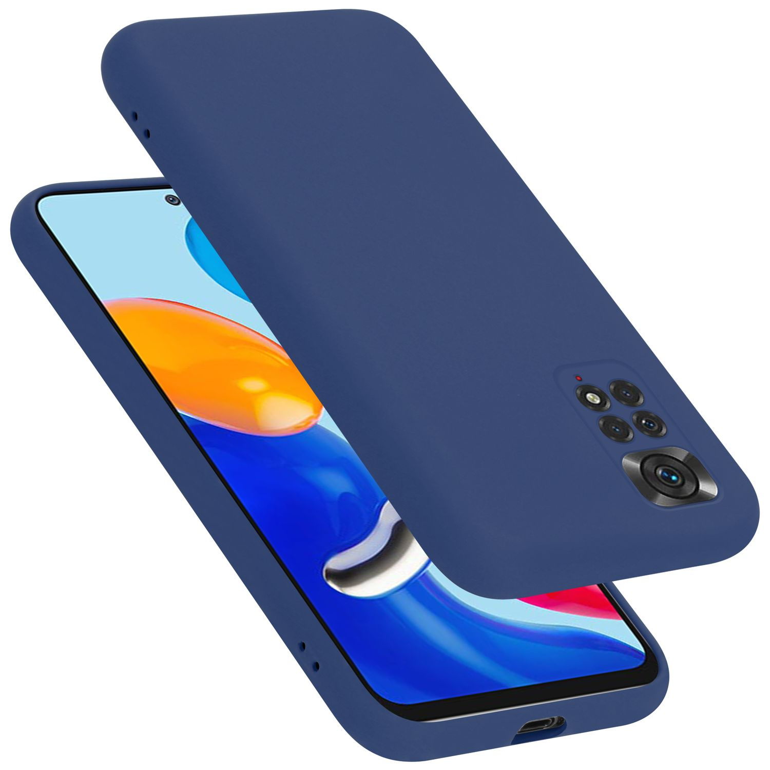 Dunkelblaue Handyhülle auf einem Telefon und eine passende Hülle.