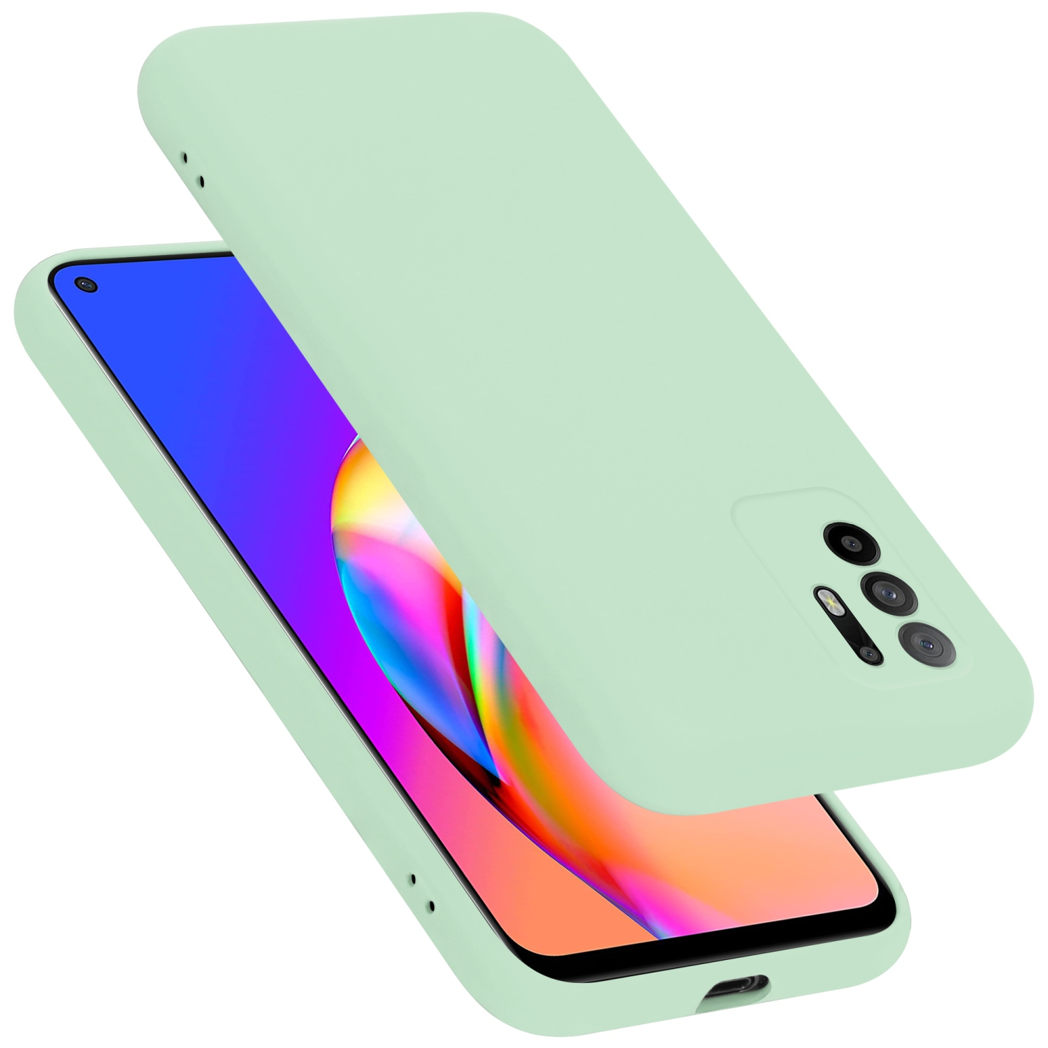 Minzgrüne Handyhülle mit Telefon darin. Telefon und Hülle liegen auf weißer Oberfläche.