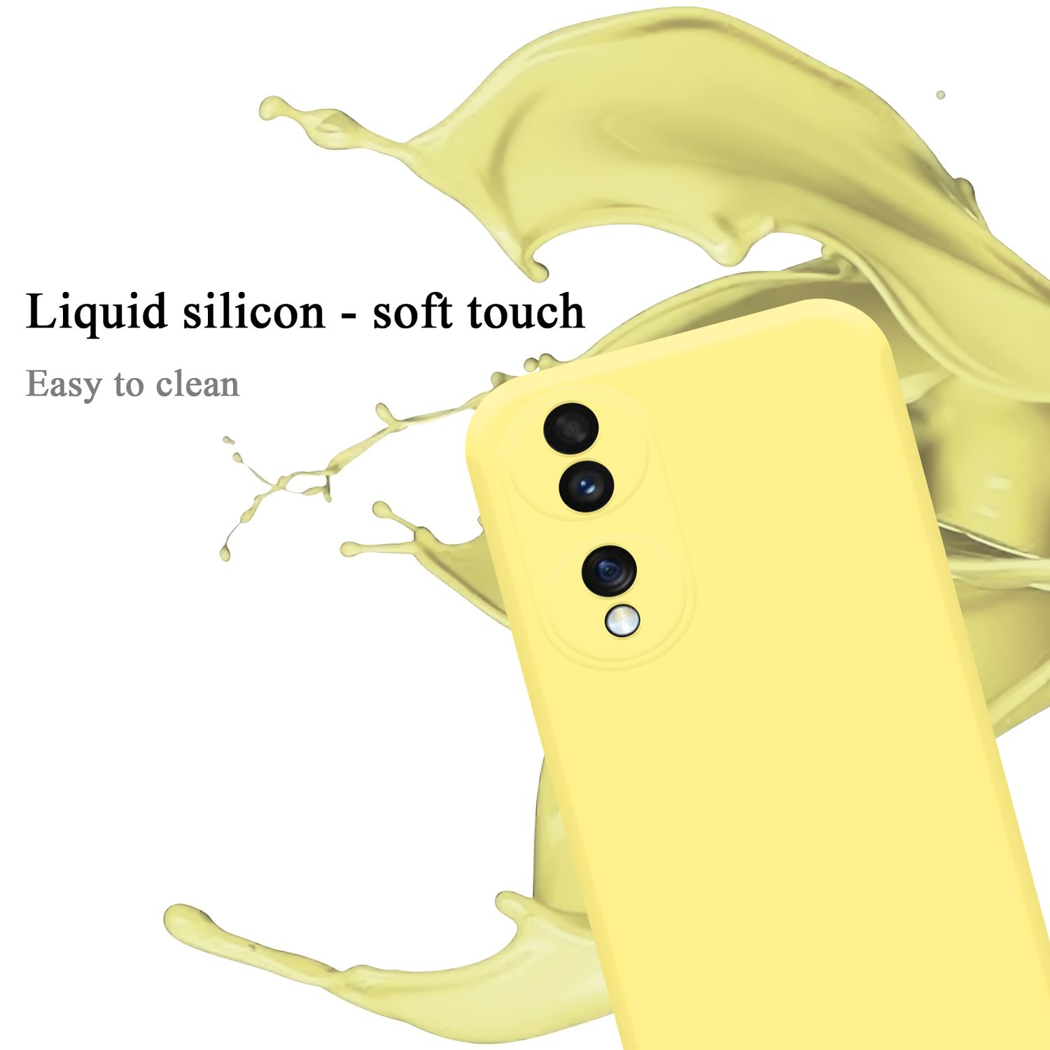 Eine gelbe Handyhülle mit der Rückseite nach oben. Es hat eine Dreifachkamera und Soft-Touch.