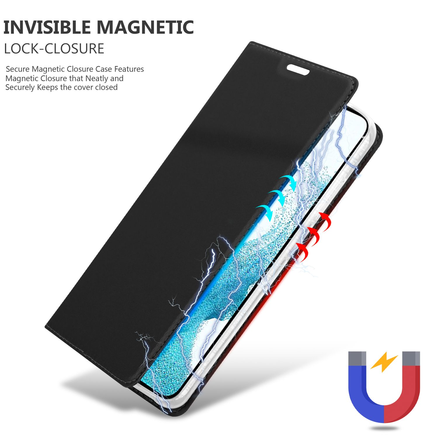 Schwarze Handyhülle offen mit Telefon. Magneteffekt mit blauen Strahlen. Die Hülle ist schwarz.