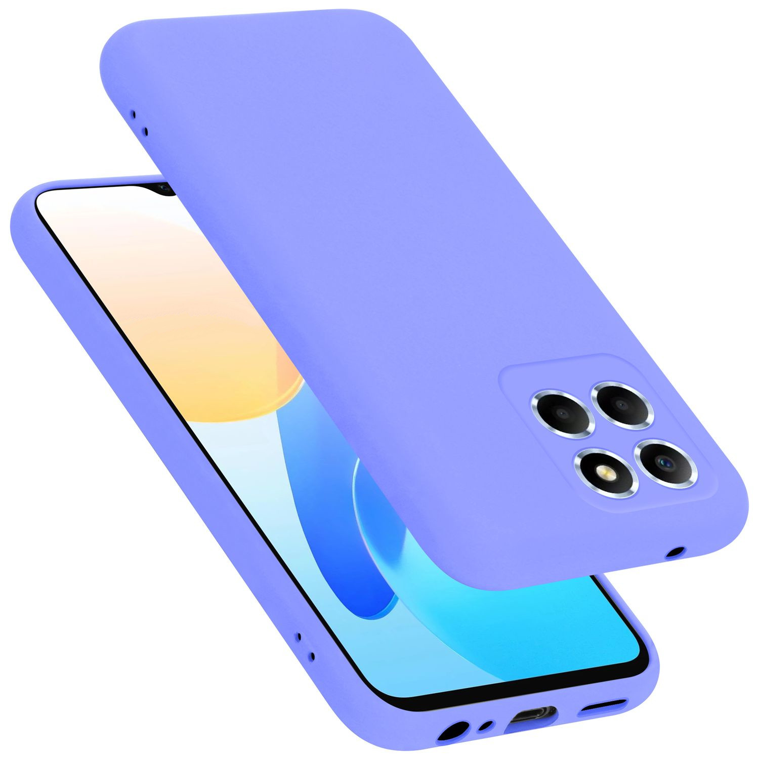 Eine lila Handyhülle bedeckt ein Telefon, mit sichtbaren Kameralinsen. Die Hülle schwebt über dem Telefon.