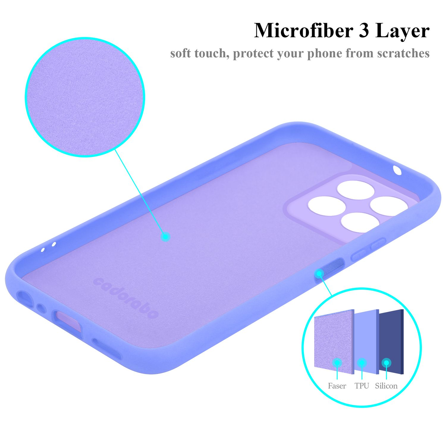 Lila Handyhülle mit Mikrofaser, dreilagiges Design.